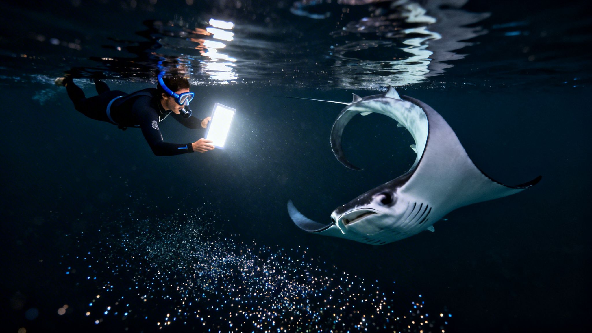 A snorkeler shines a bright light underwater, attracting a majestic manta ray at night.