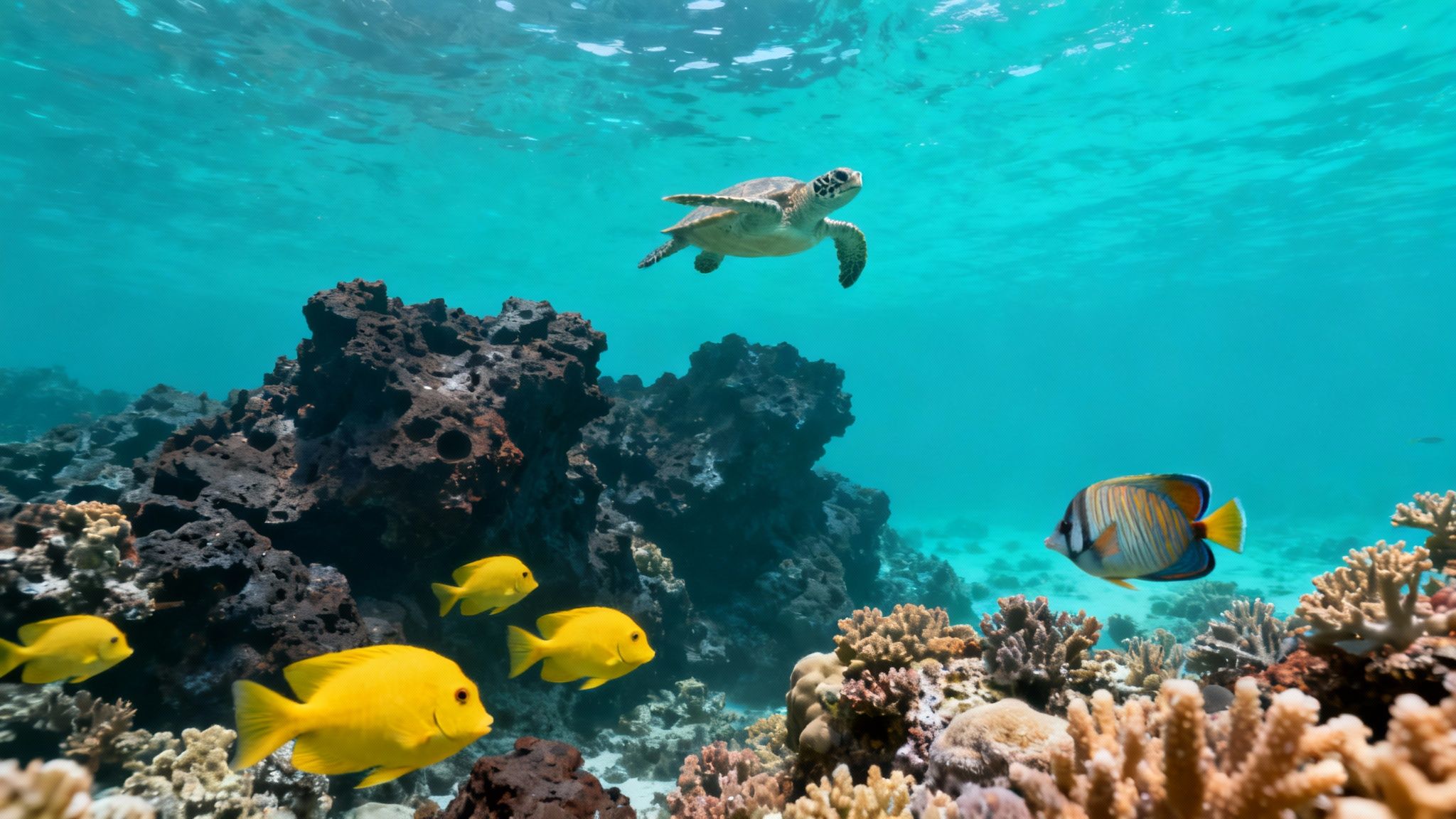 A vibrant underwater scene in Kealakekua Bay with coral and fish.
