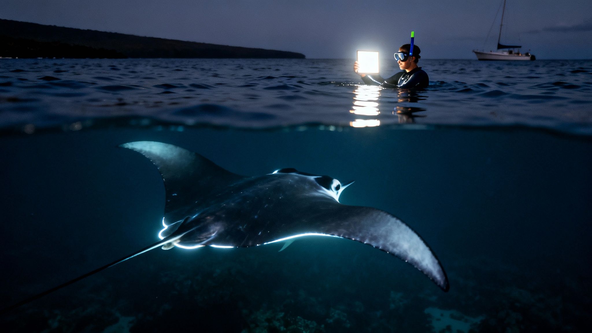 Snorkeler illuminates a manta ray with a bright light during a night swim in the ocean.