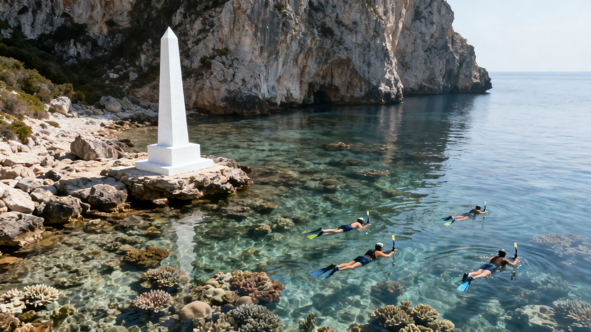 Snorkelers explore vibrant coral reefs in transparent waters by a white monument and cliffs.