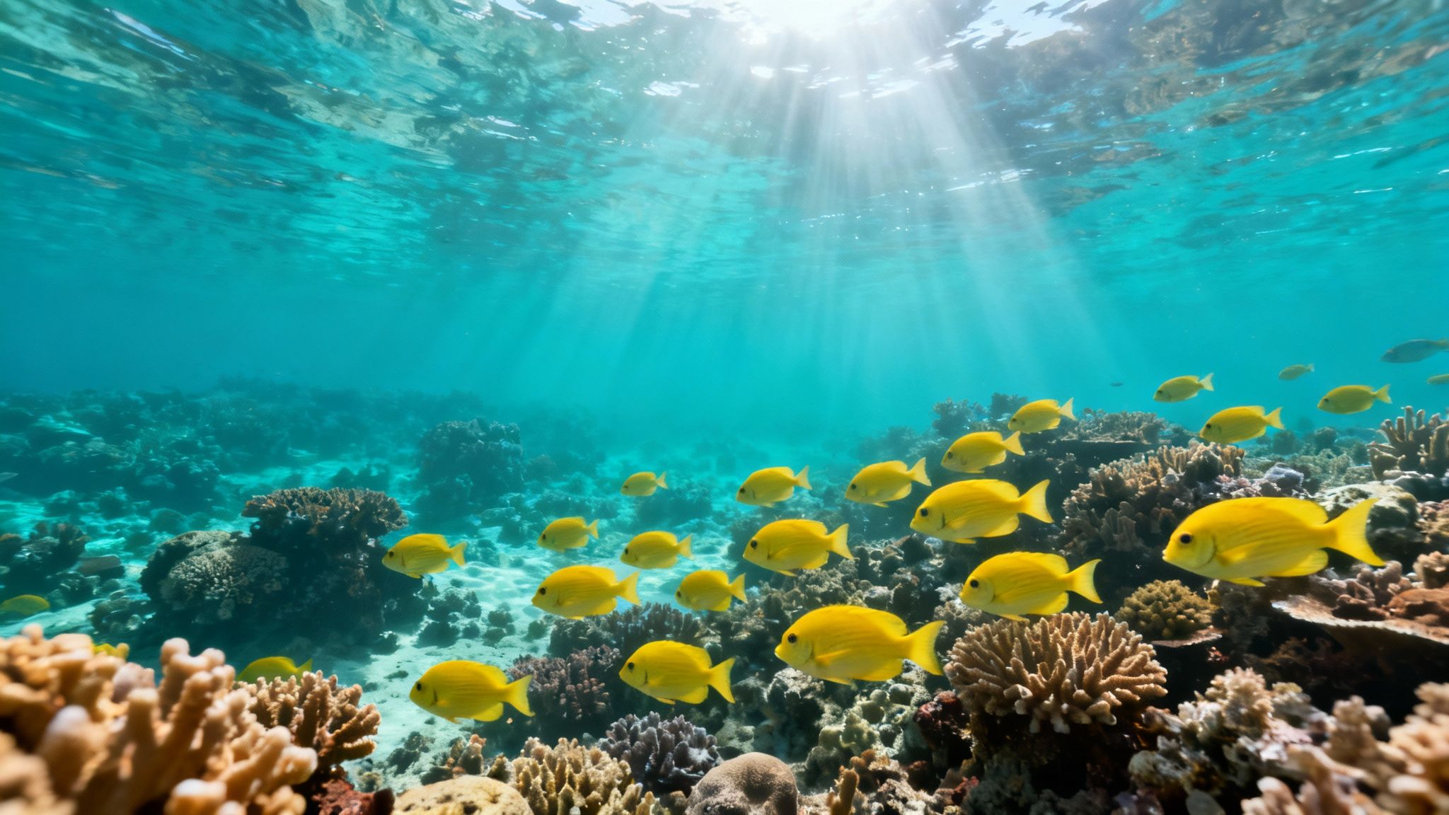 An underwater scene with a vibrant coral reef, schools of yellow fish, and sun rays piercing the clear blue water.