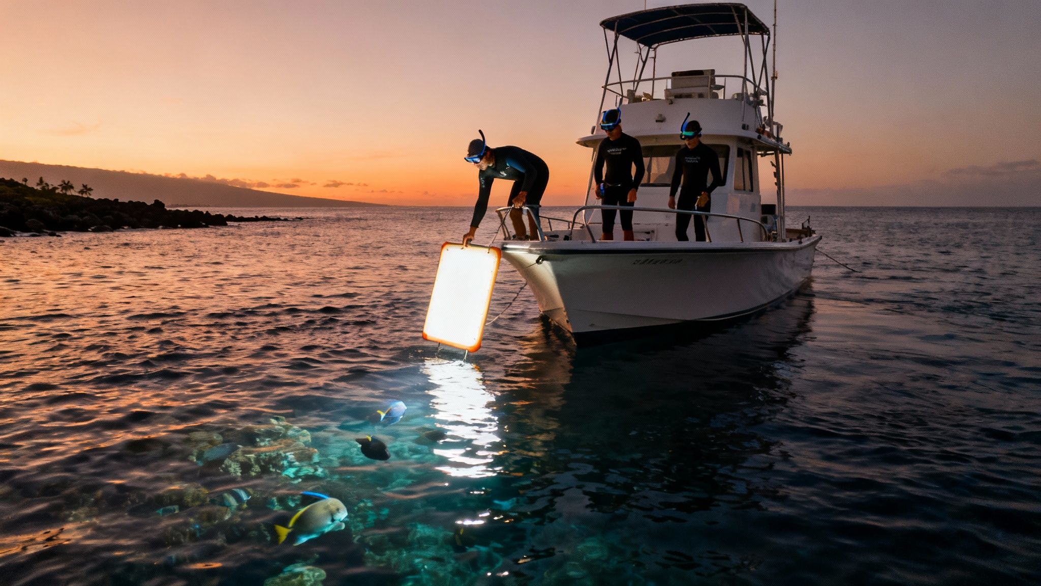 Three people on a boat at sunset, illuminating the ocean with a large light, revealing coral and fish.