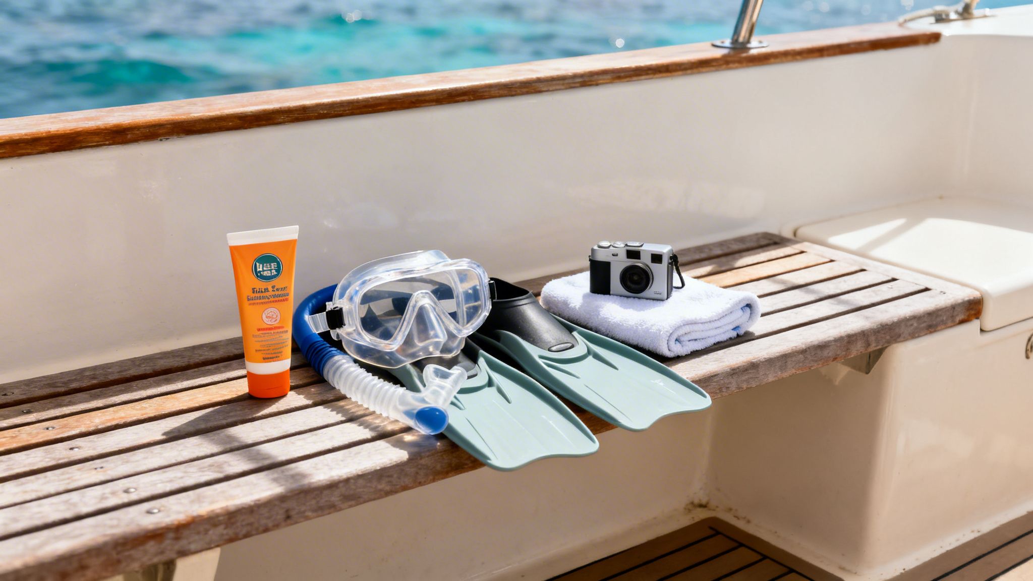 Snorkeling essentials including mask, fins, sunscreen, and camera on a boat deck by the clear ocean.