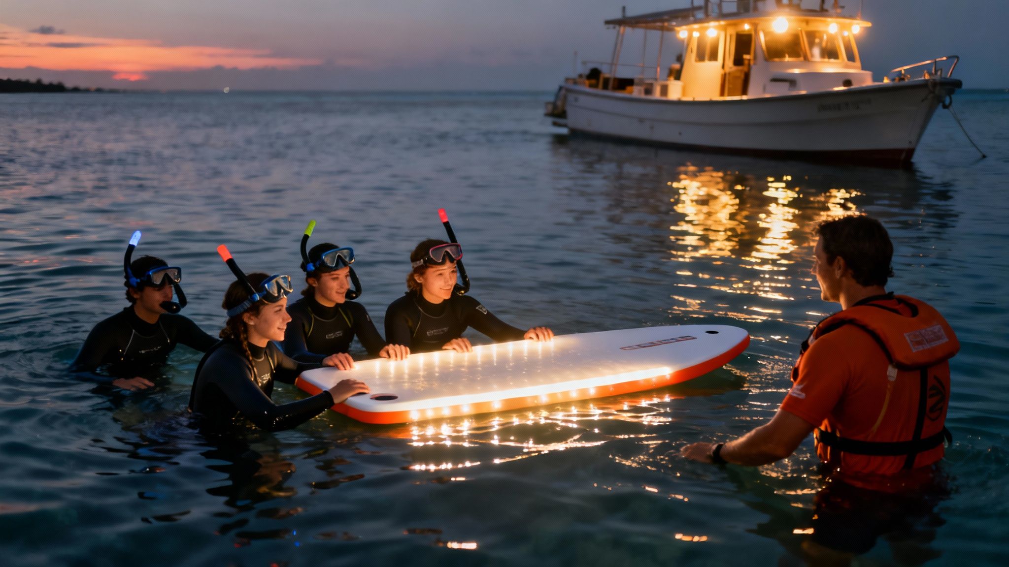 Four snorkelers in wetsuits hold an illuminated board at dusk with a boat nearby.