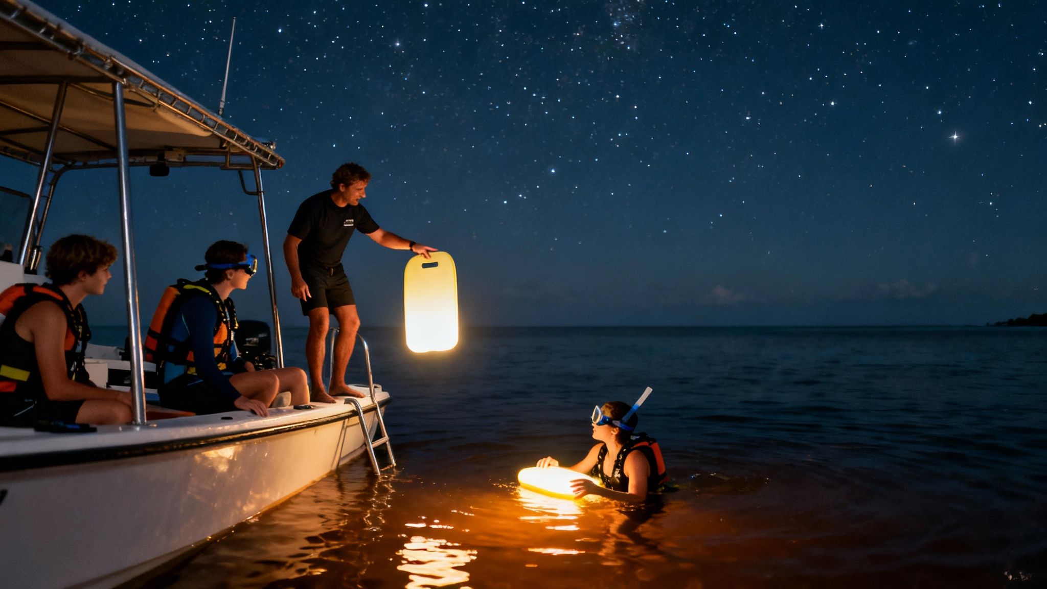 People on a boat and in the ocean at night, holding glowing light boards under a starry sky.