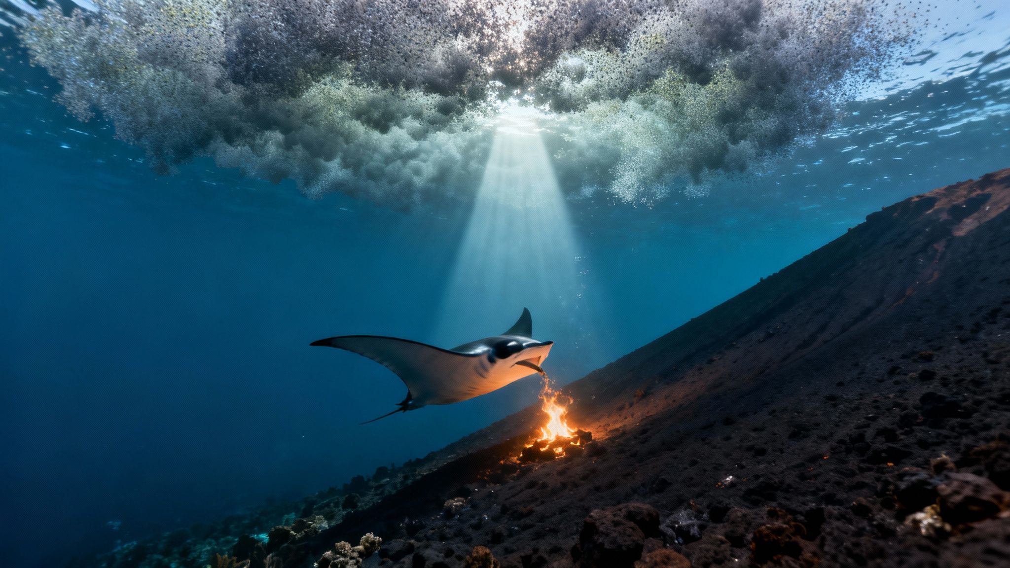A manta ray gracefully glides through the illuminated water during a night snorkel in Kona.