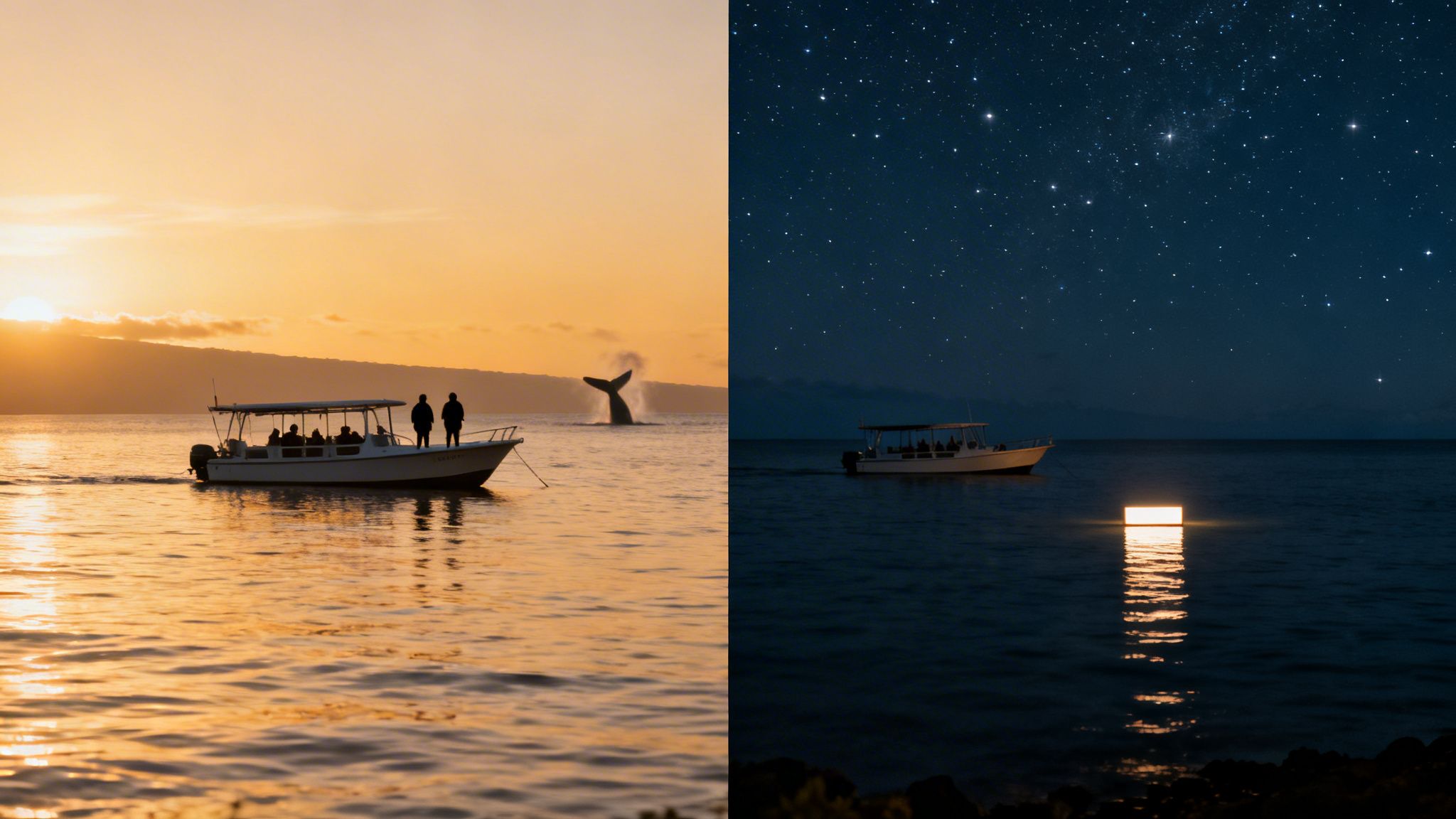 Split image: a boat at sunset with a whale tail, and a boat at night under a starry sky with a glowing light.