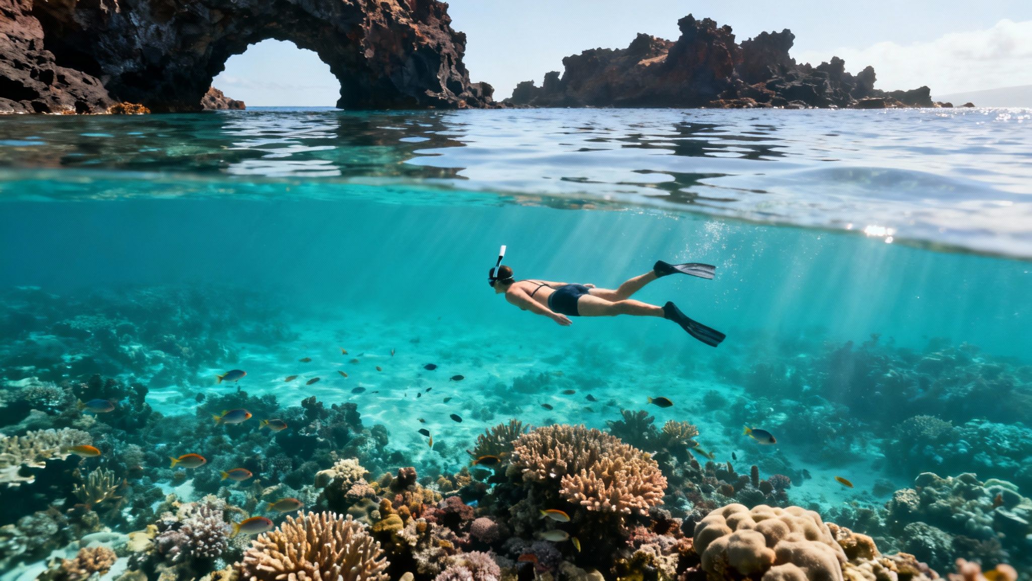 Woman snorkeling over vibrant coral reef with tropical fish near volcanic arch in Kona, Hawaii.