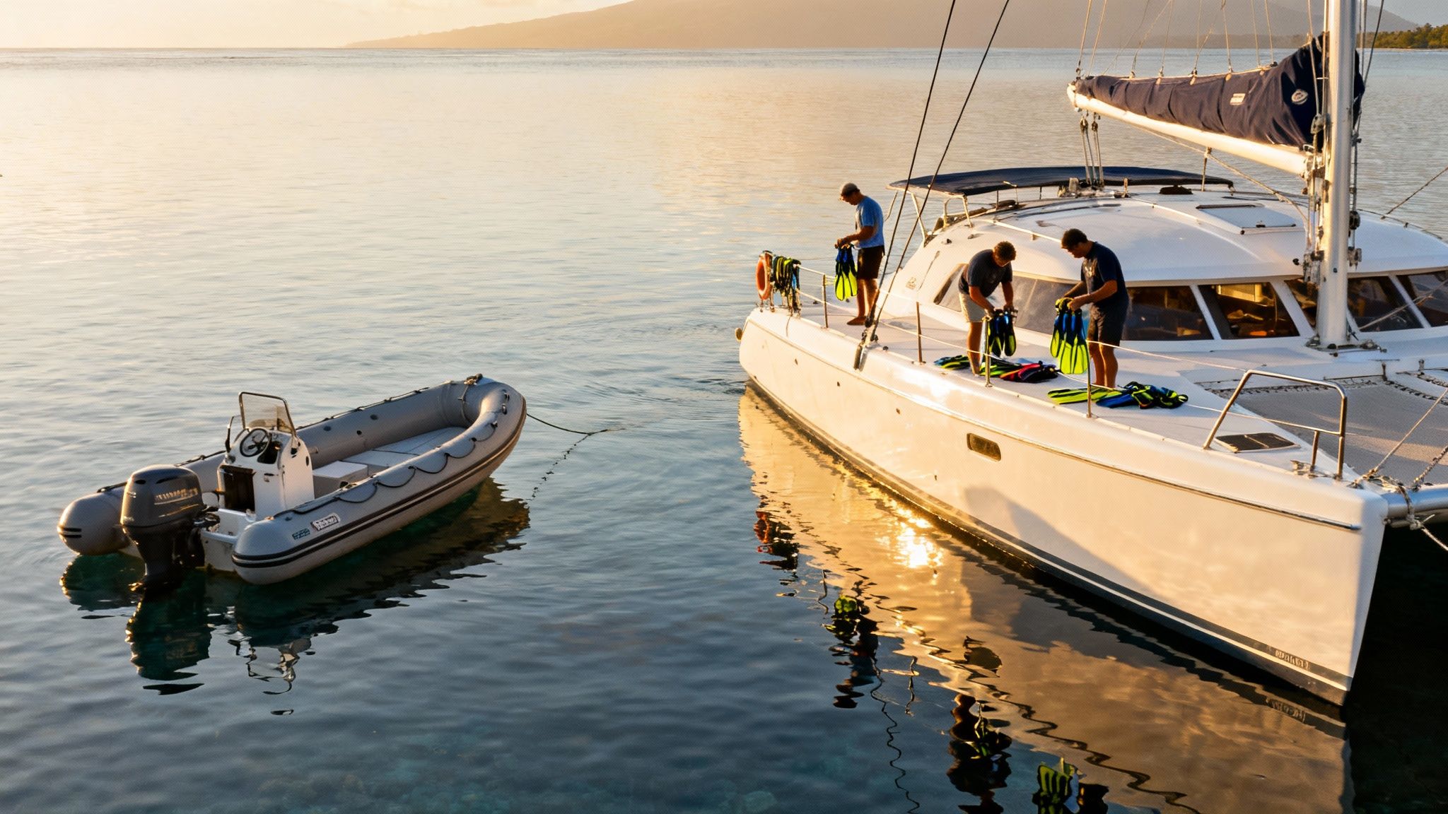 Three men prepare snorkeling gear on a catamaran docked next to a dinghy at sunrise.