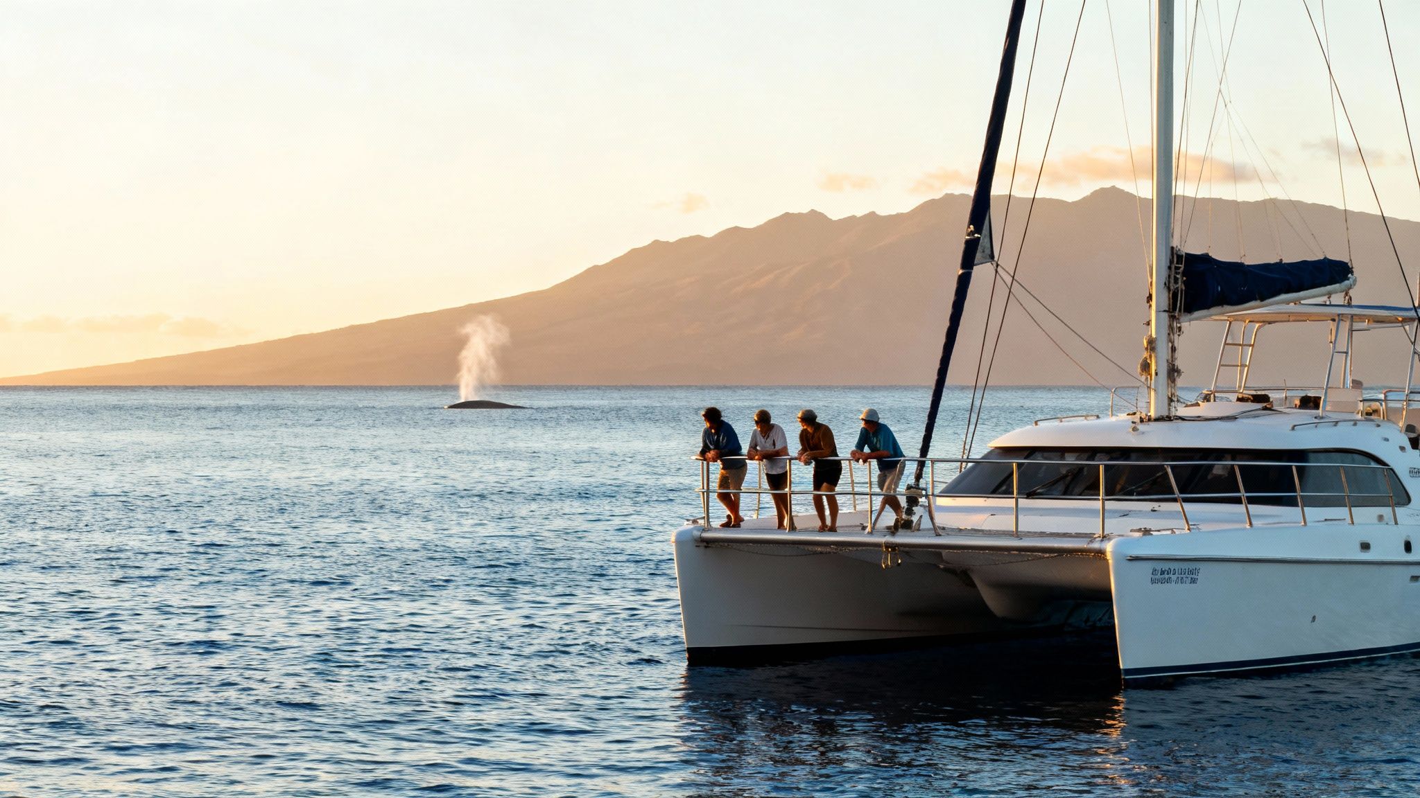 People on a catamaran observing a whale spouting water at sunset with mountains in the background.