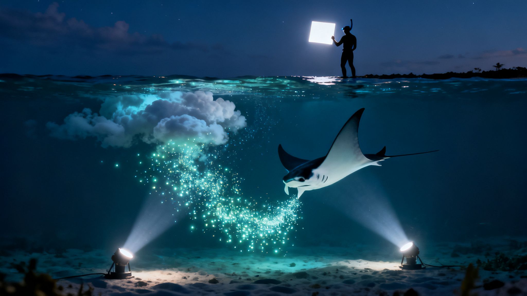 A magical night scene with a diver, glowing lights, and a manta ray in the ocean.
