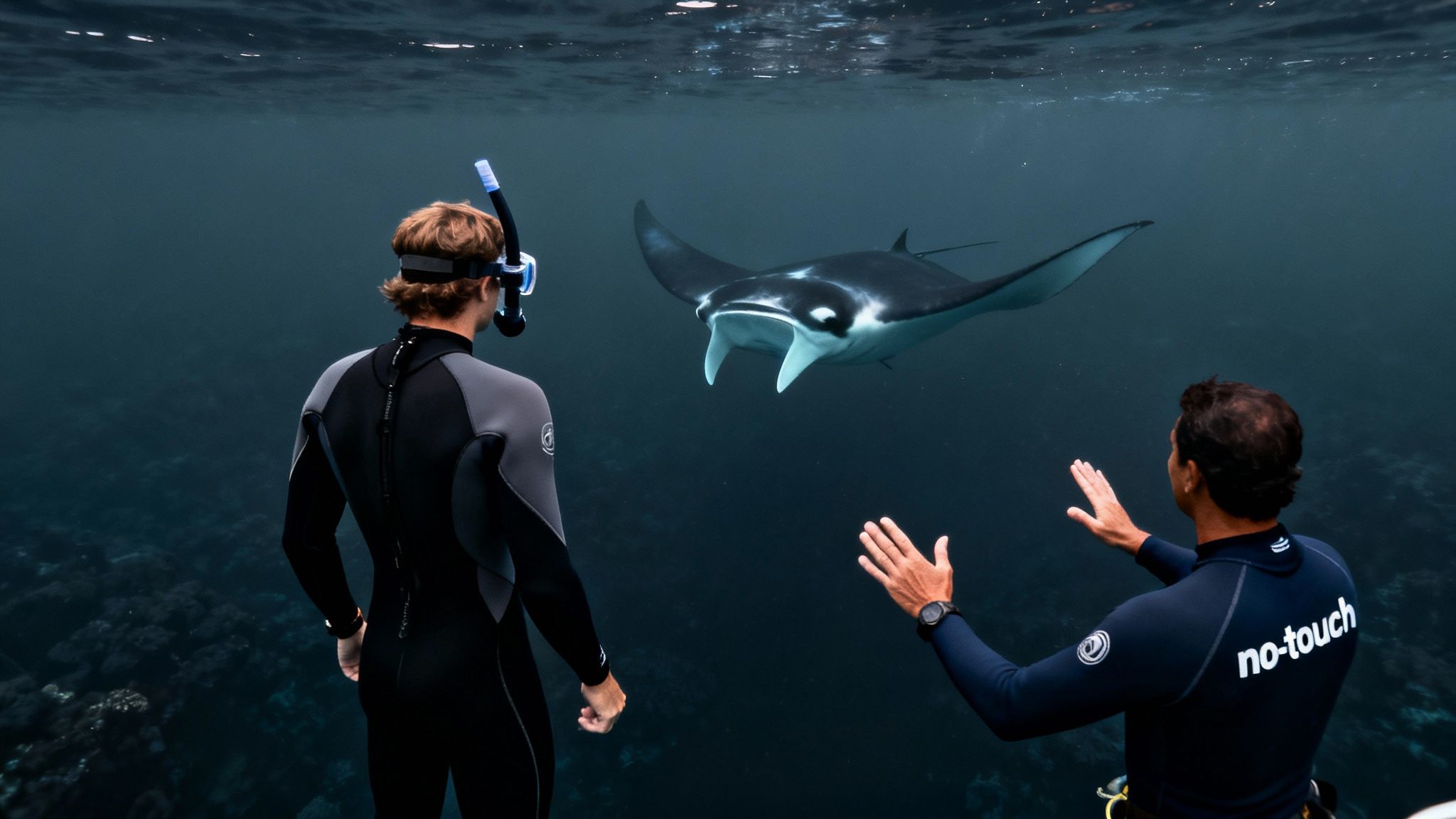Two snorkelers in wetsuits observe a large manta ray swimming directly towards them underwater.