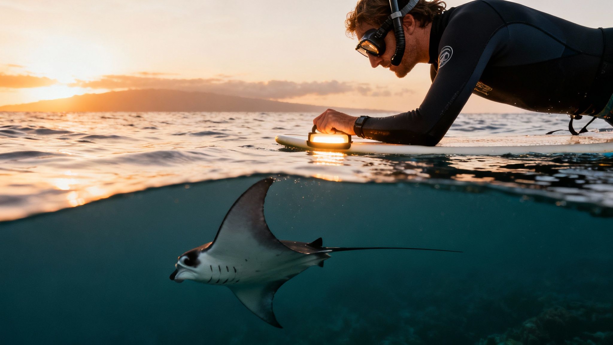 A split-level shot of a snorkeler on a surfboard with a light and a manta ray below at sunset.