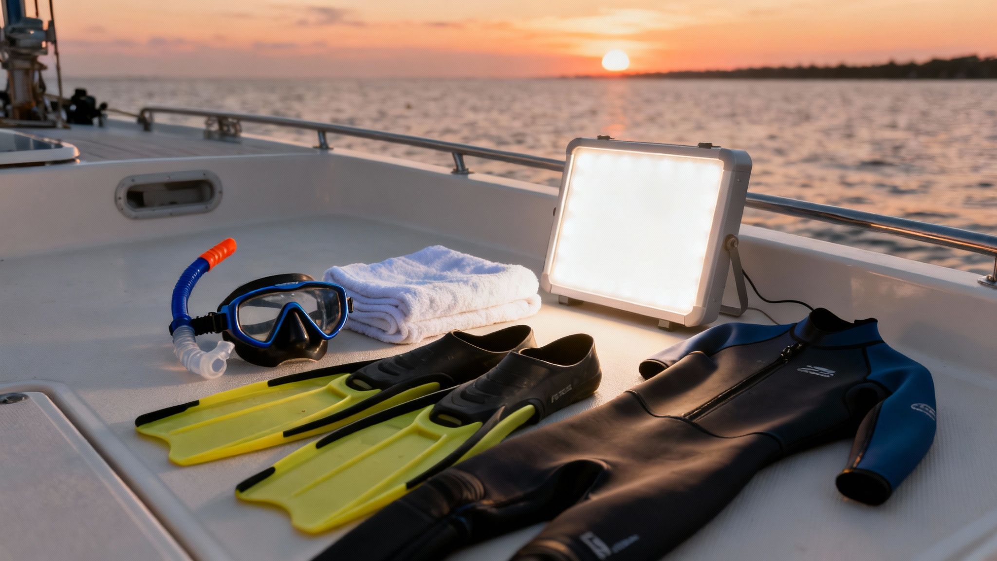 Snorkeling gear, wetsuit, and light panel on a boat deck with a sunset over the ocean.