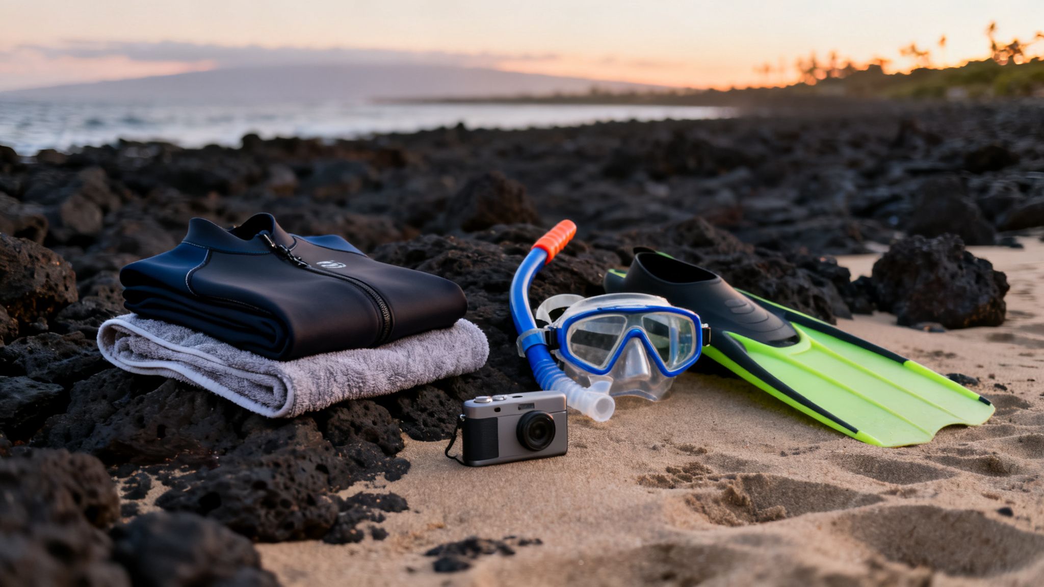 Snorkeling gear, including a wetsuit, mask, snorkel, fins, and camera, rests on a sandy beach with volcanic rocks at sunset.