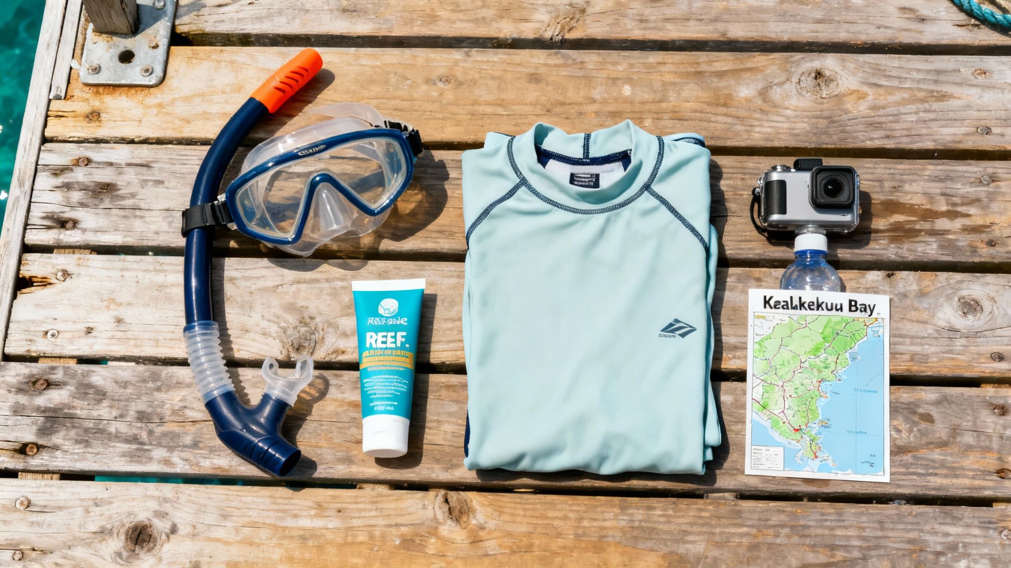 Snorkelers preparing their gear on a boat in a sunny bay.