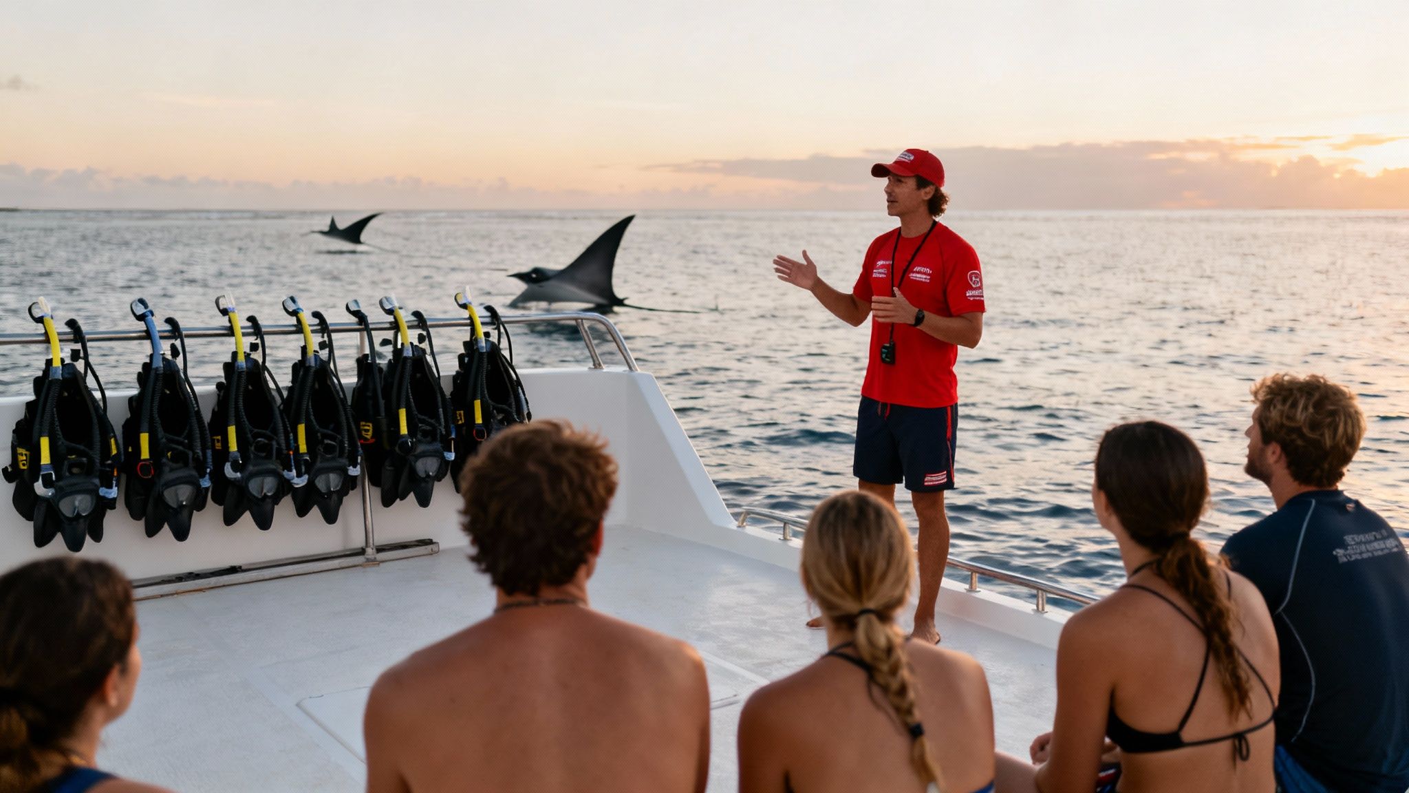 A dive instructor on a boat explains a manta ray tour to tourists with scuba gear at sunset.
