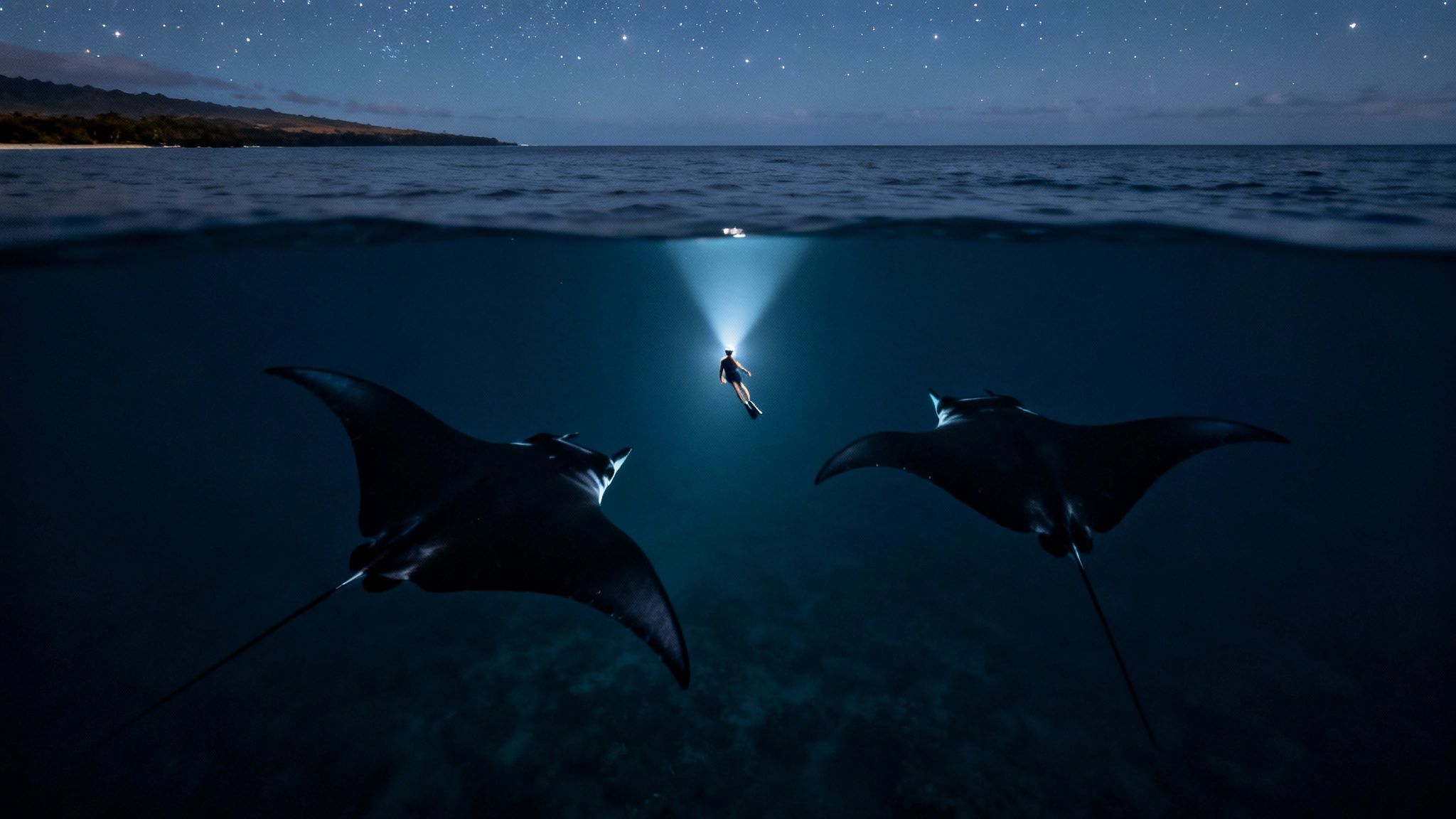 A night diver illuminates two majestic manta rays underwater, with a starry sky and coastline above.