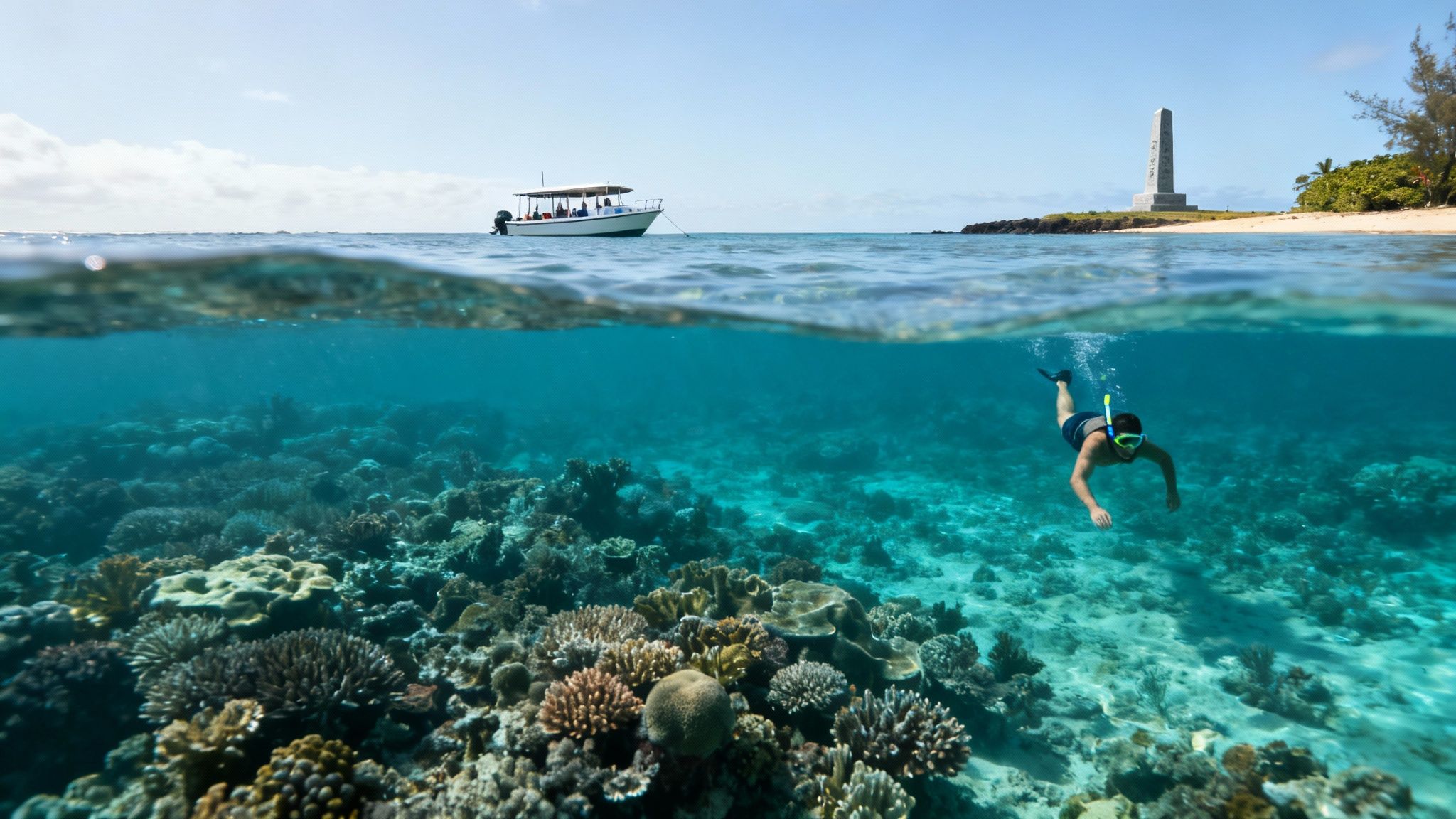 A vibrant split-level view of a person snorkeling over a coral reef, with a boat and an island monument above.