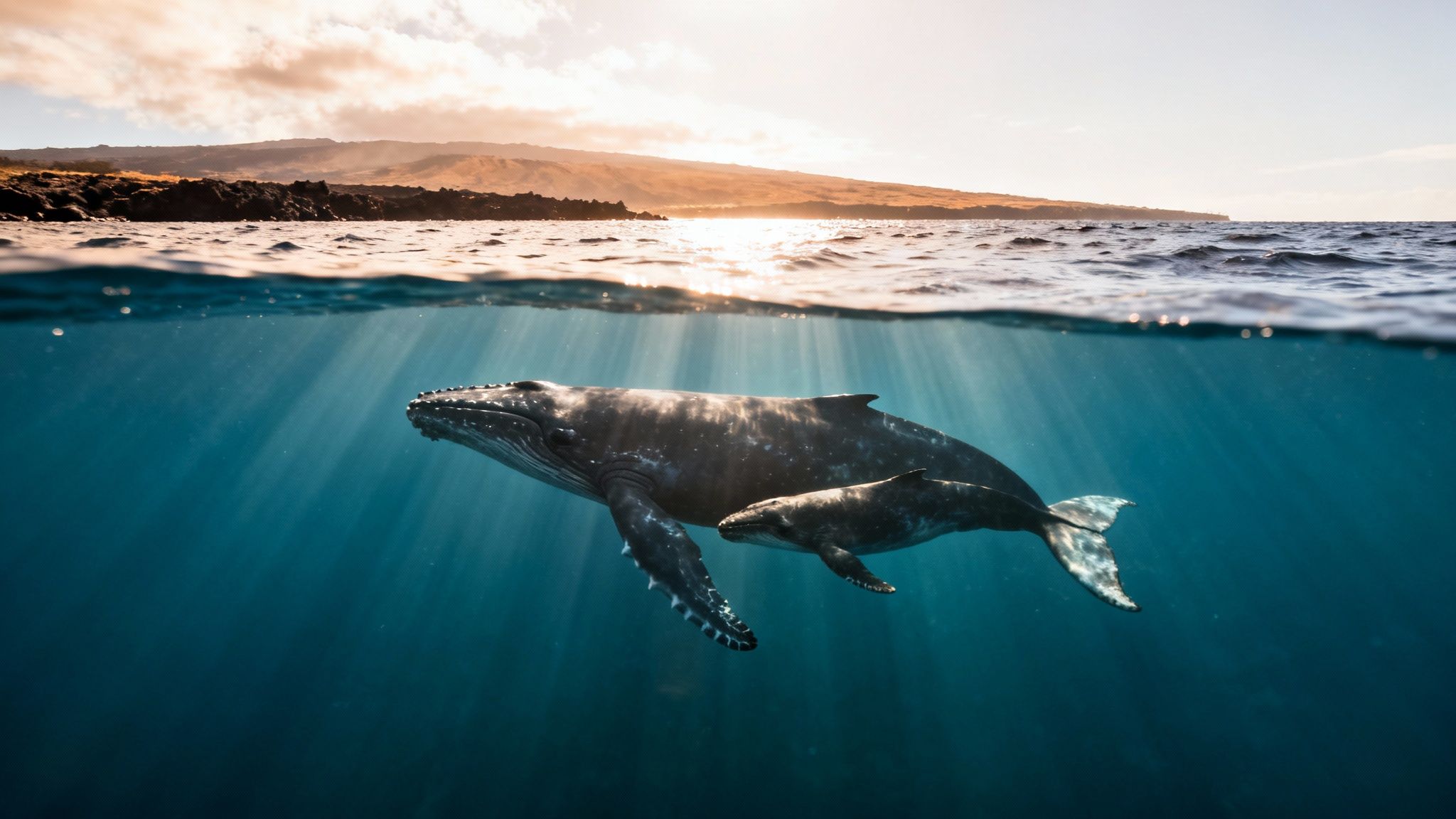 Split shot of a humpback whale and its calf swimming underwater with sun rays, coastline above.