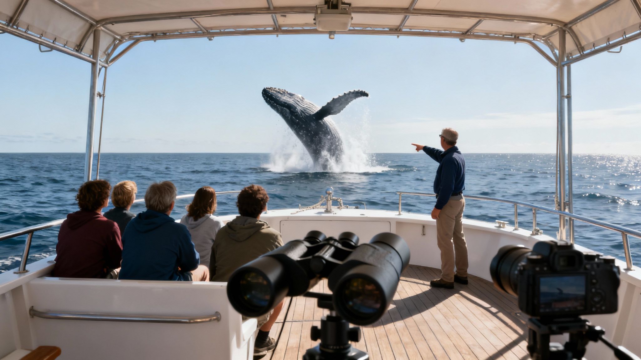 A group of people on a boat observing a humpback whale breaching majestically in the ocean.