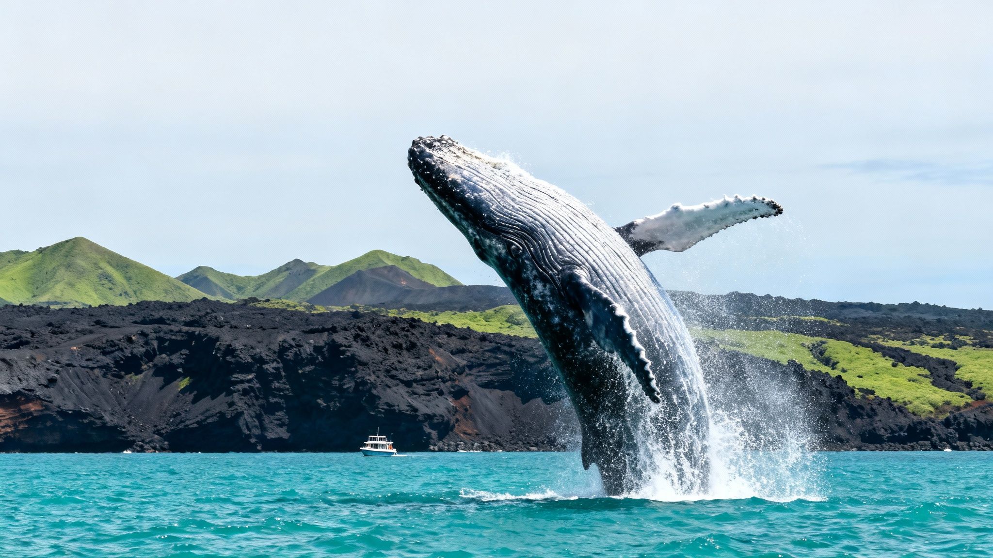 A magnificent humpback whale breaches out of the turquoise ocean, with volcanic landscape and a boat in the background.