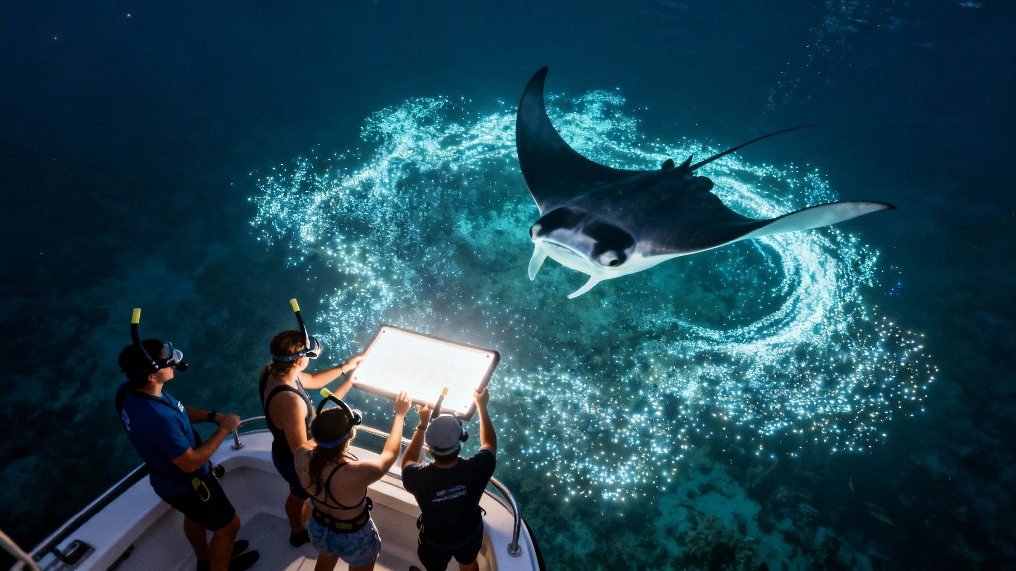 People on a boat shining a light on a manta ray in glowing bioluminescent ocean at night.