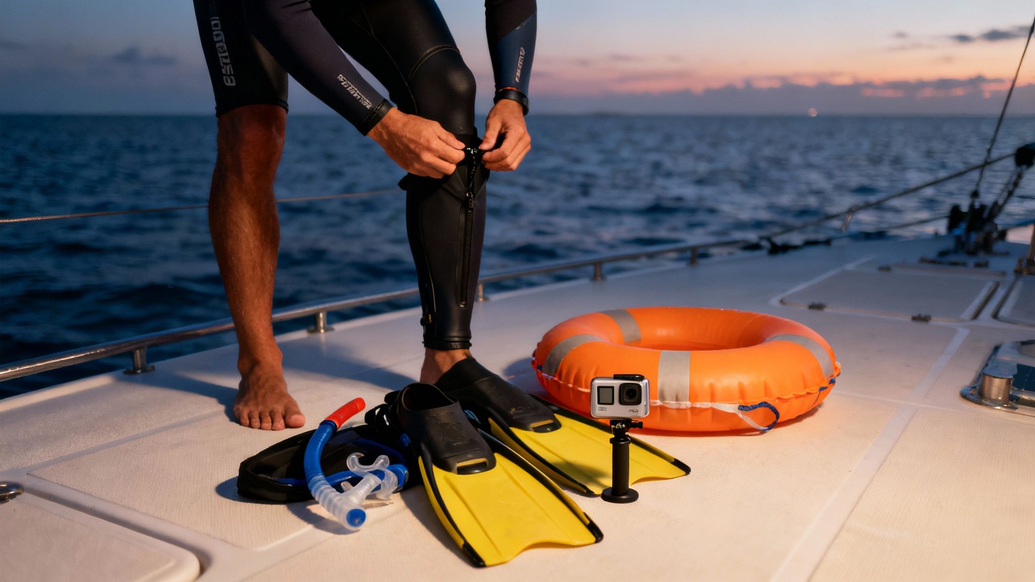 Person in wetsuit preparing for a snorkel or dive with gear on a boat deck at sunset.