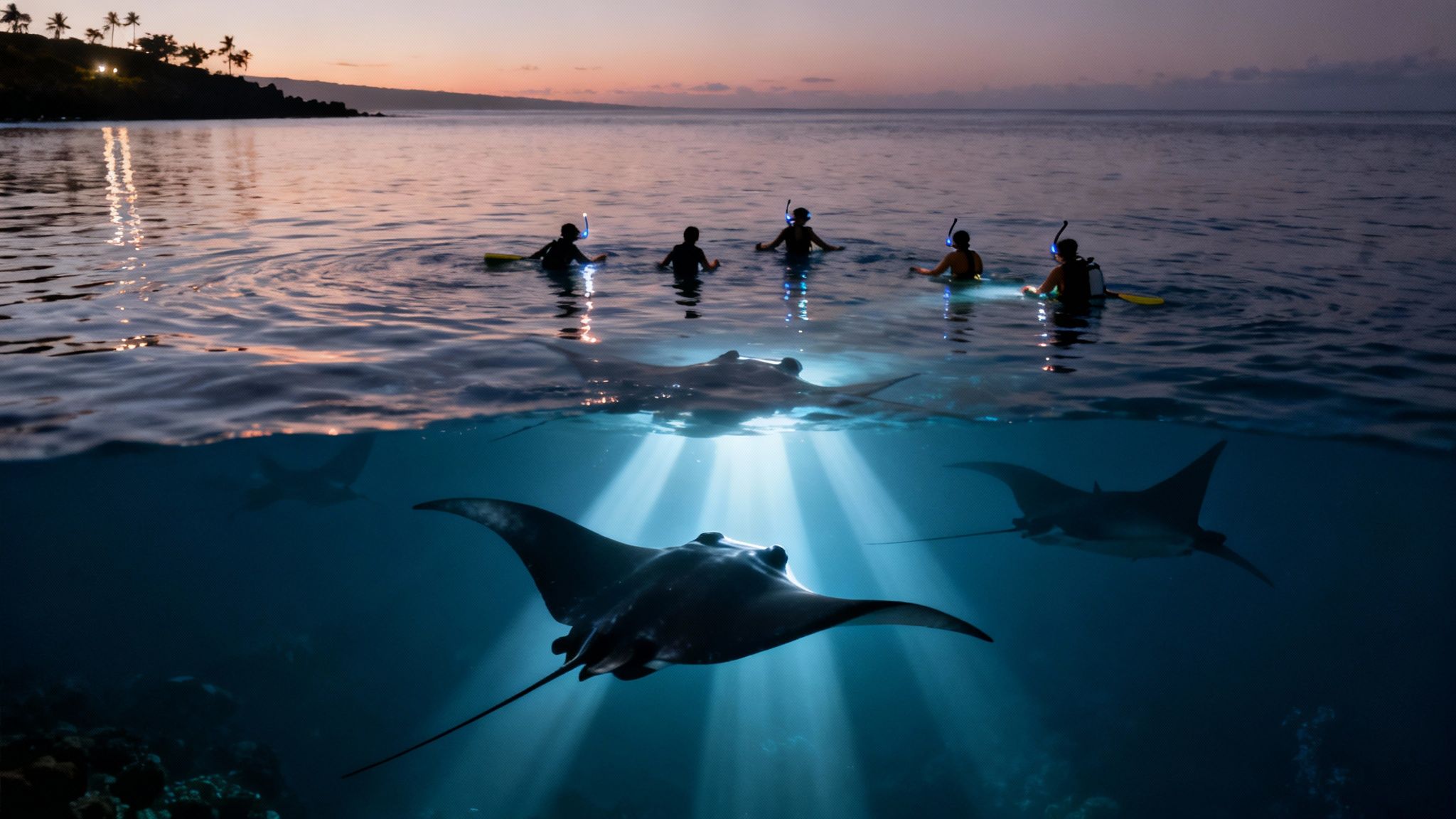 Snorkelers watch several majestic manta rays swimming gracefully under the illuminated ocean at night.