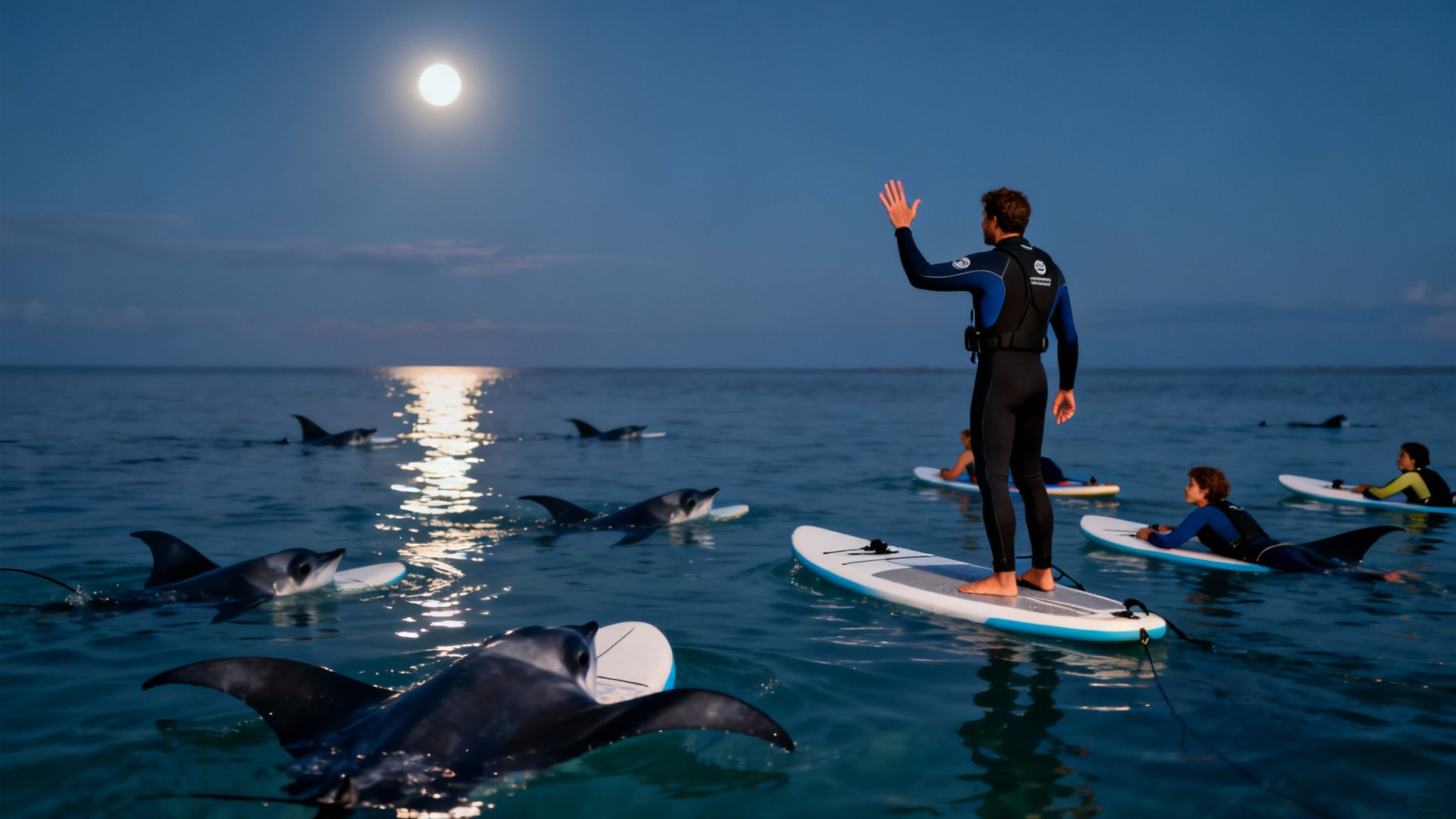 People paddleboarding at night under a bright full moon, surrounded by elegant manta rays in the ocean.