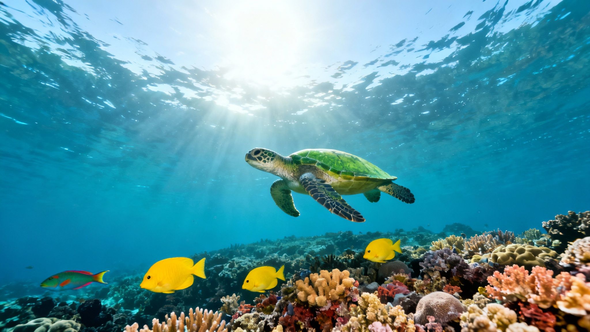 Beautiful underwater scene with a green sea turtle swimming above a colorful coral reef and tropical fish.