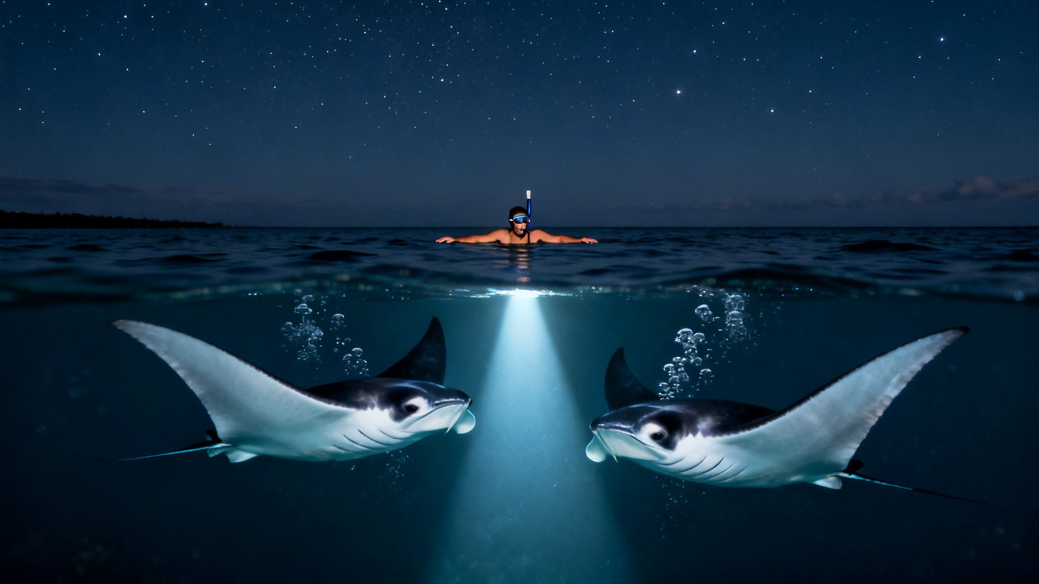 Person snorkeling at night under a starry sky, illuminating two graceful manta rays below.