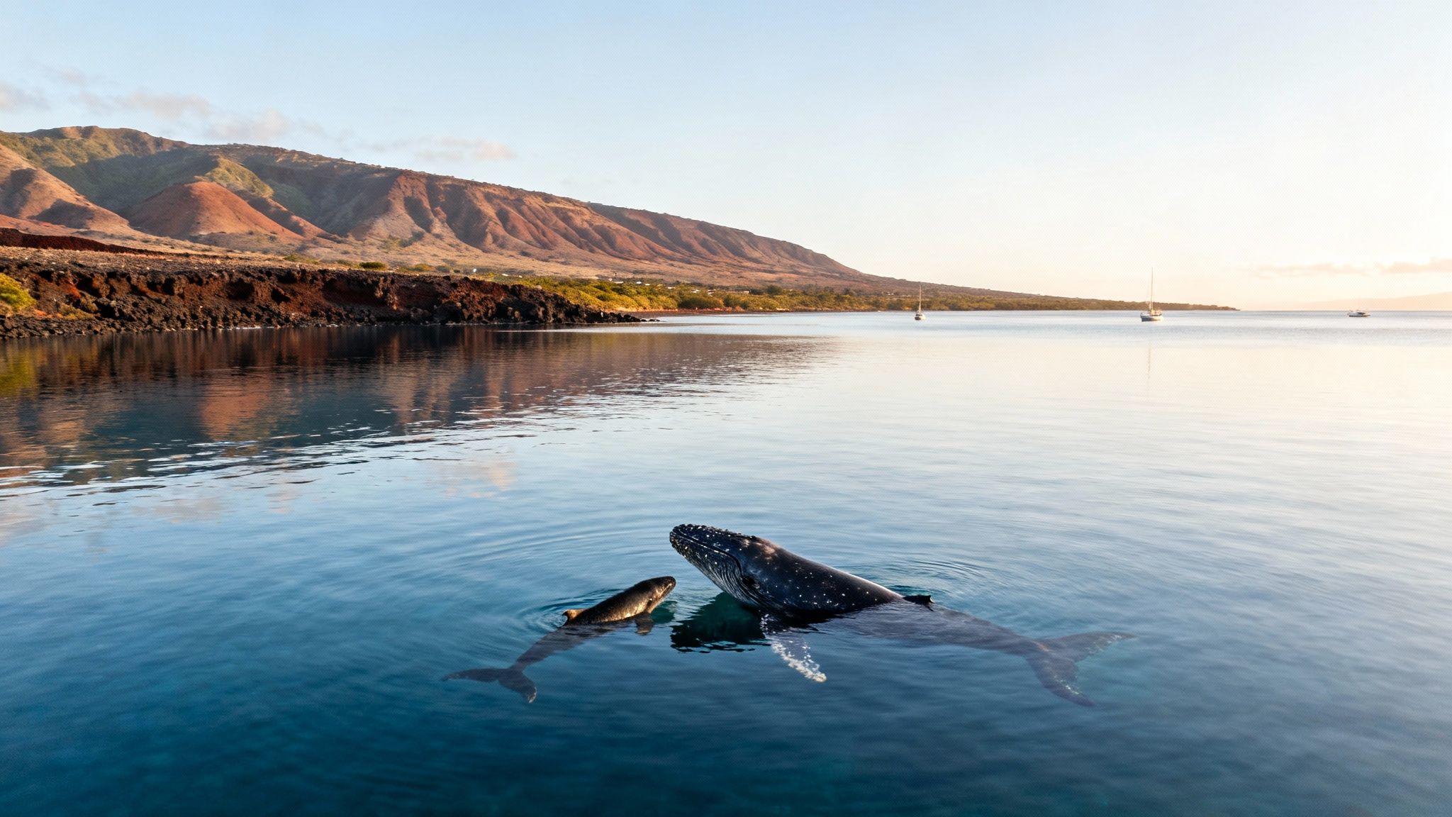 A mother humpback whale and her calf swim in blue ocean waters near a mountainous coastline with sailboats.