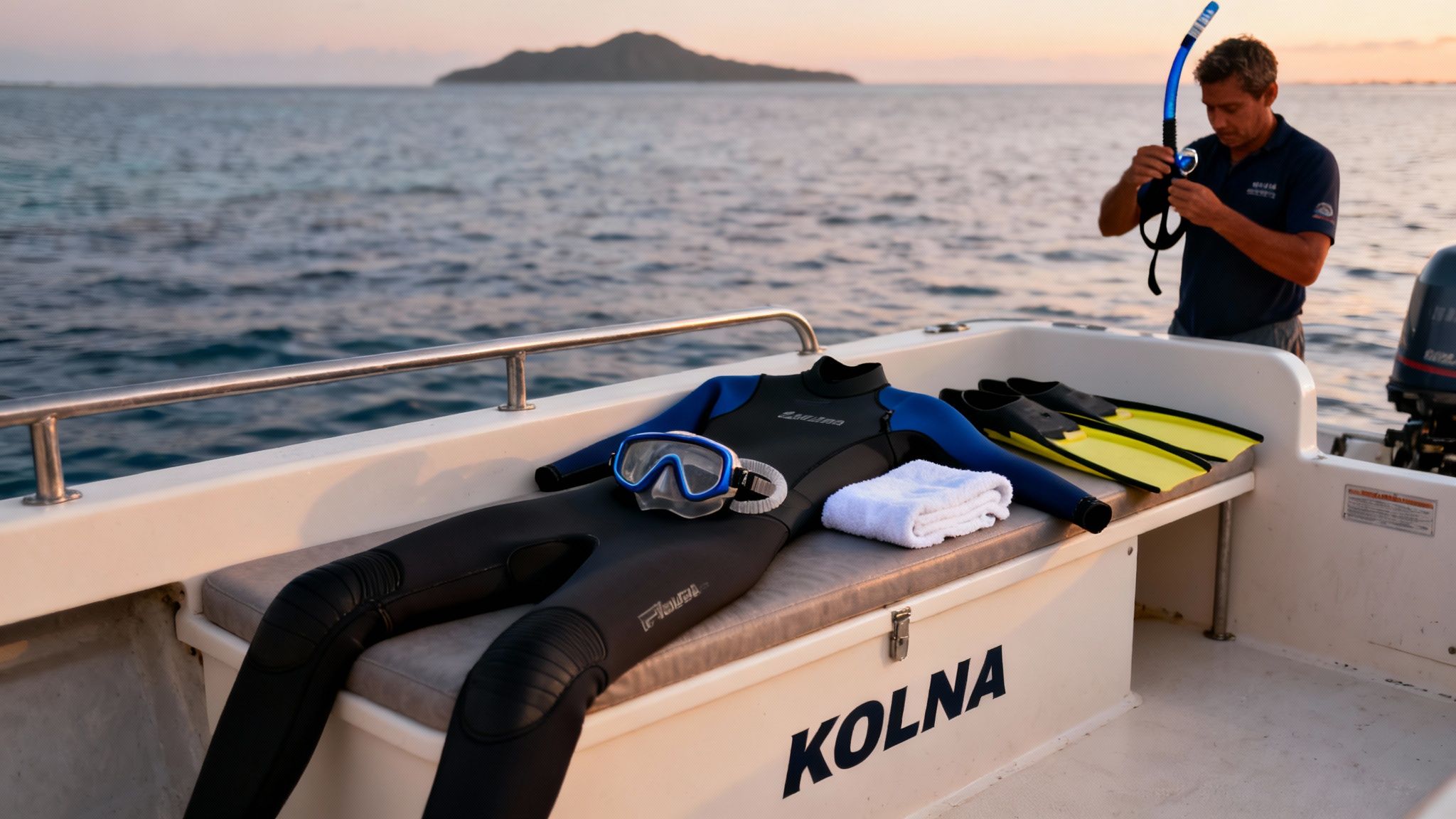 Diving gear, including a wetsuit, mask, fins, and towel, arranged on a boat, with a man preparing a snorkel.