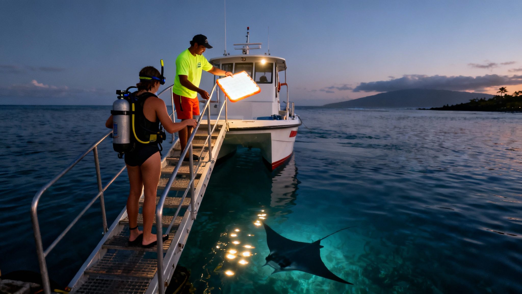 Two people on a boat observing a manta ray illuminated by lights in clear ocean at dusk.