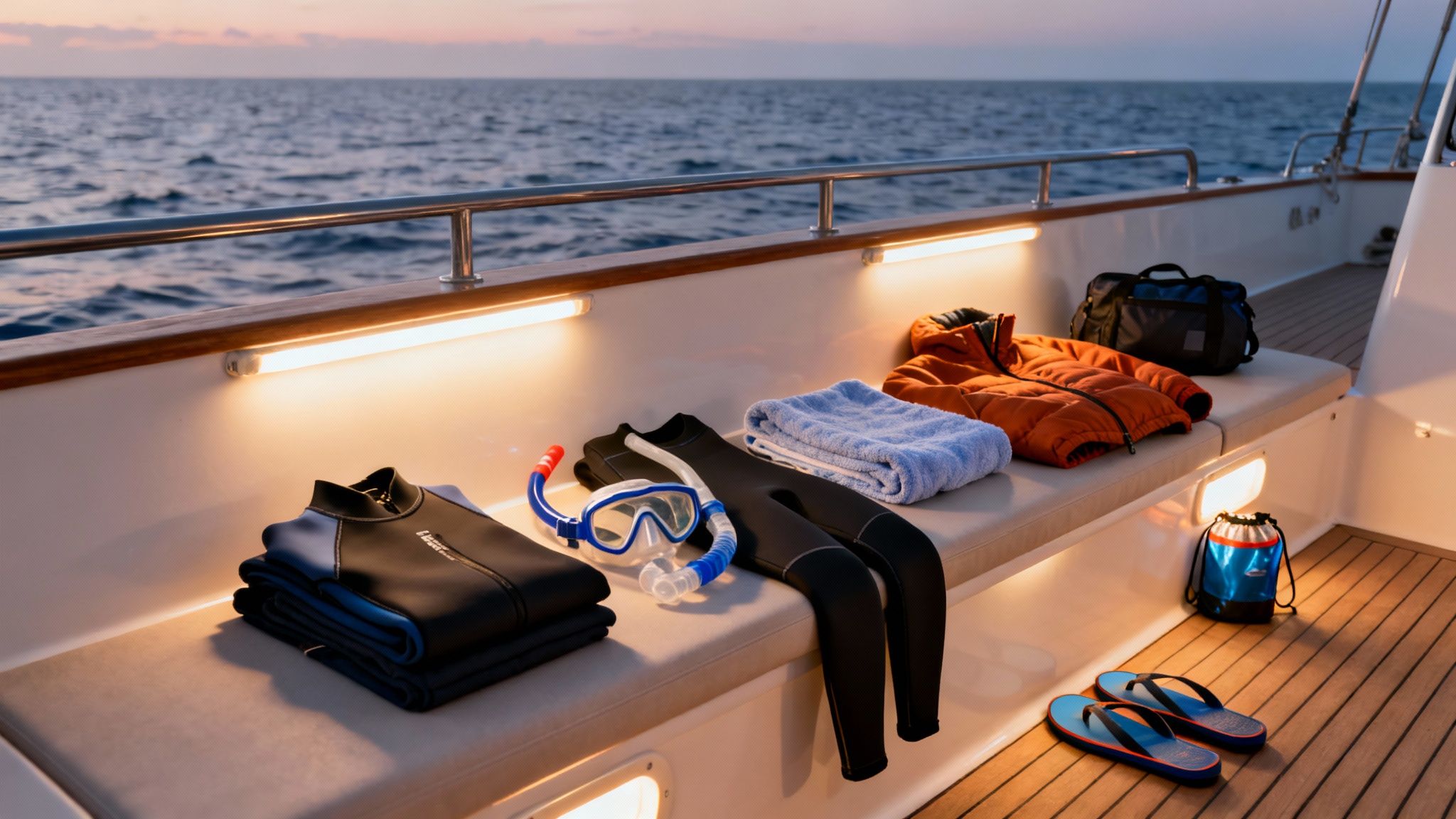 Snorkeling gear, wetsuits, towels, and essentials arranged on a boat deck at sunset.