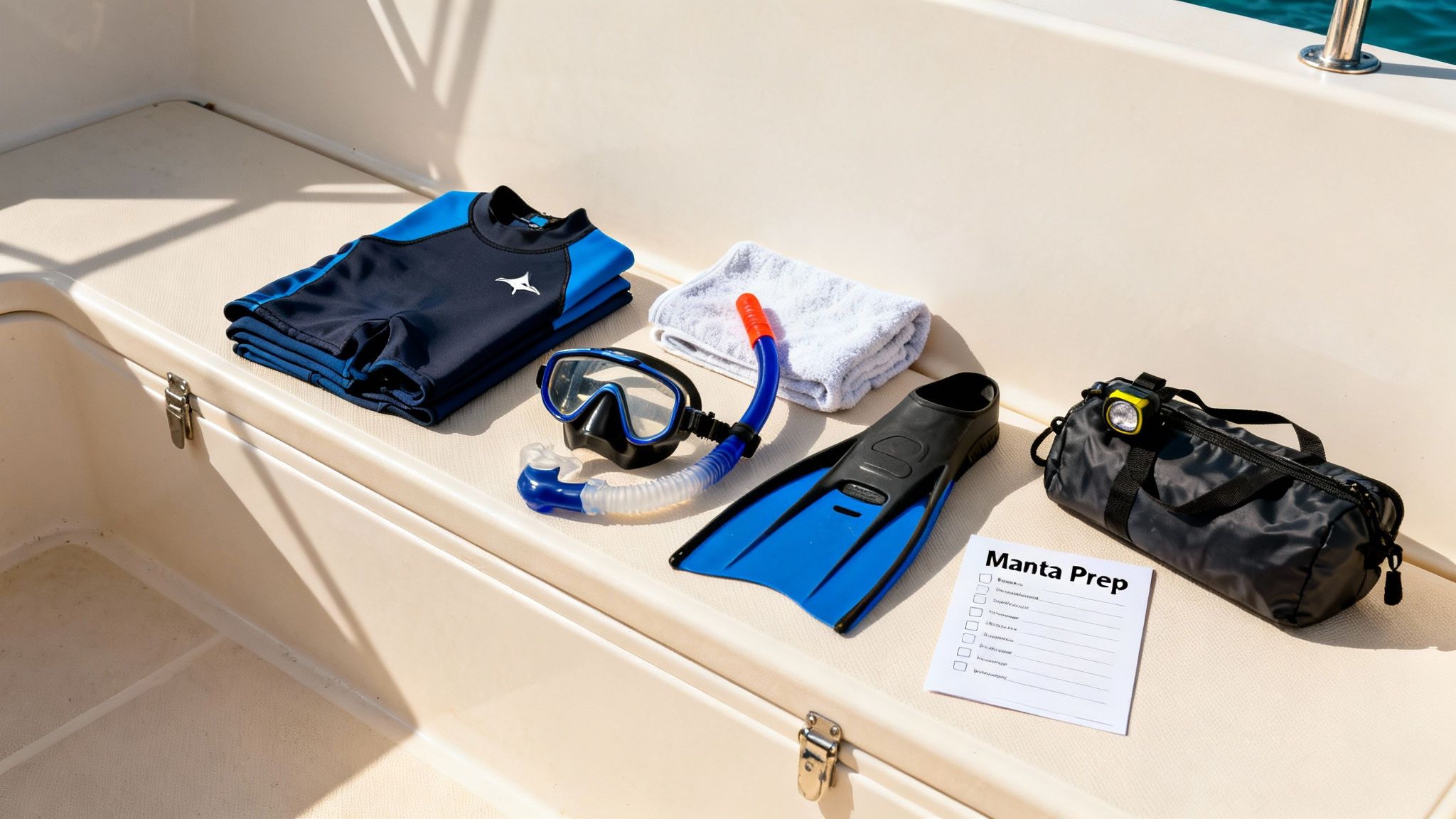 Snorkeling gear and a 'Manta Prep' checklist on a boat deck, ready for water activities.