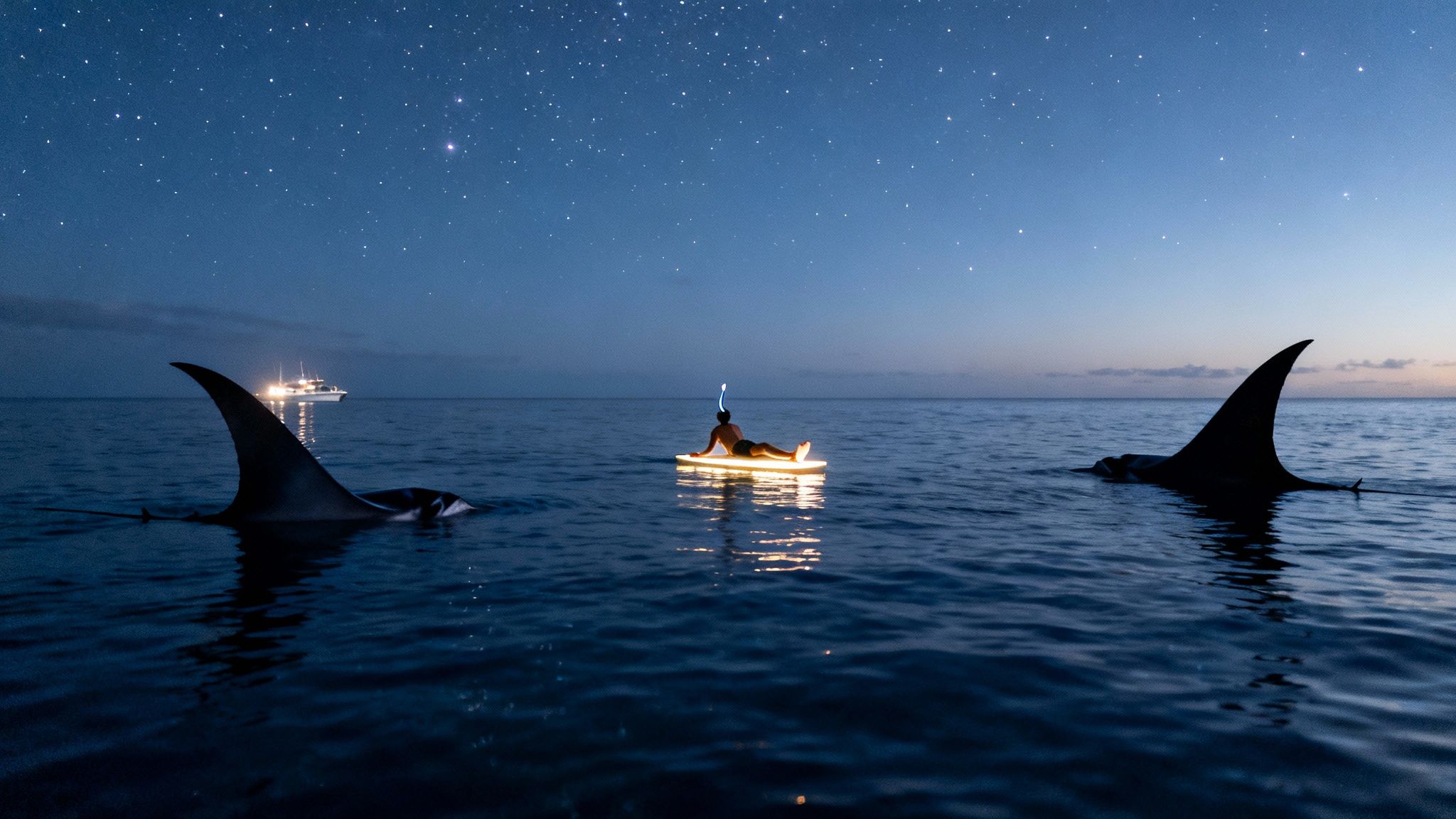 A person on a glowing board snorkels with manta rays under a starry night sky.