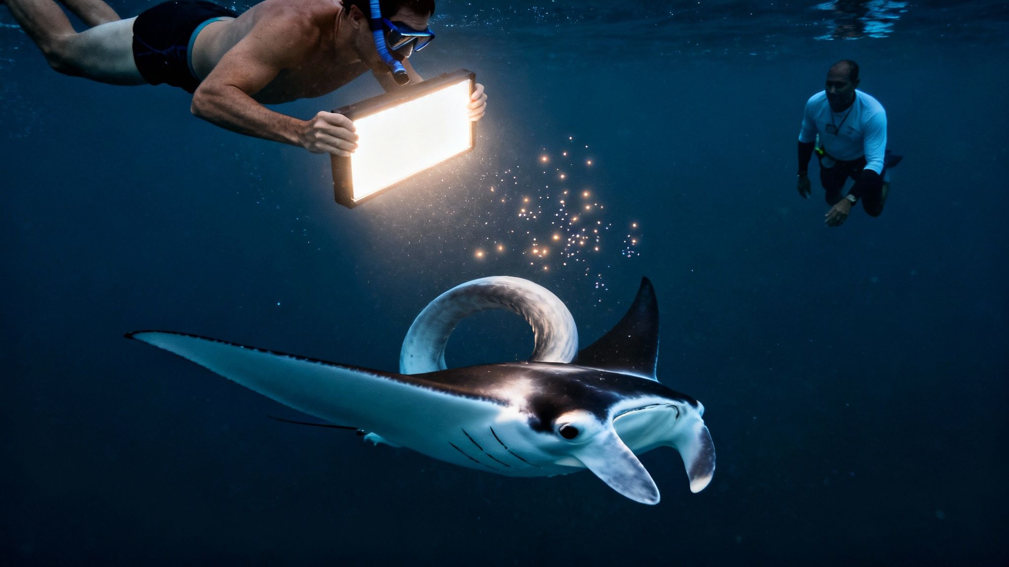 Underwater view of a snorkeler holding a bright light, attracting a large manta ray with another person in the distance.