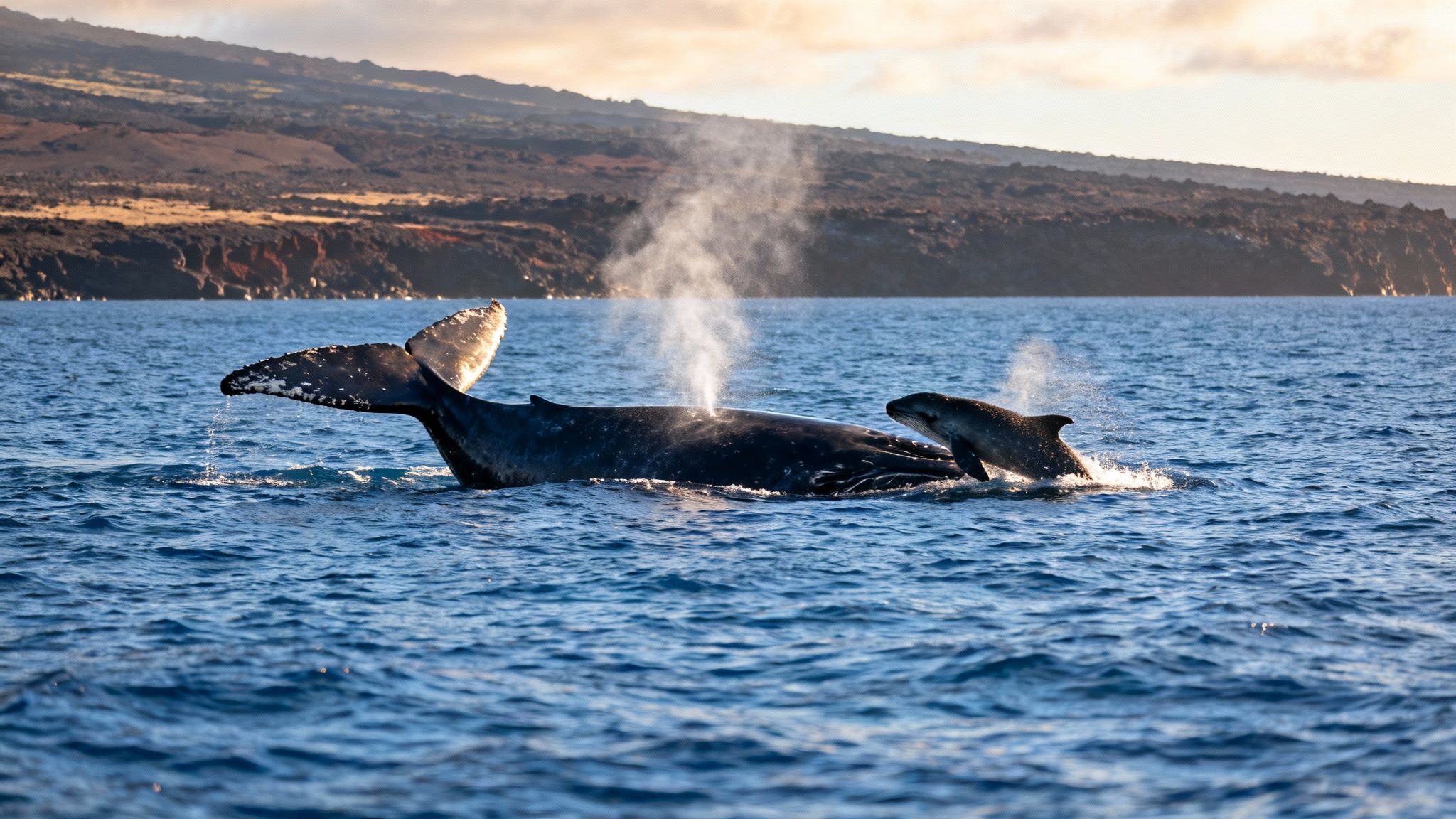 Mother humpback whale and calf spout water while swimming in the ocean near a volcanic coastline.
