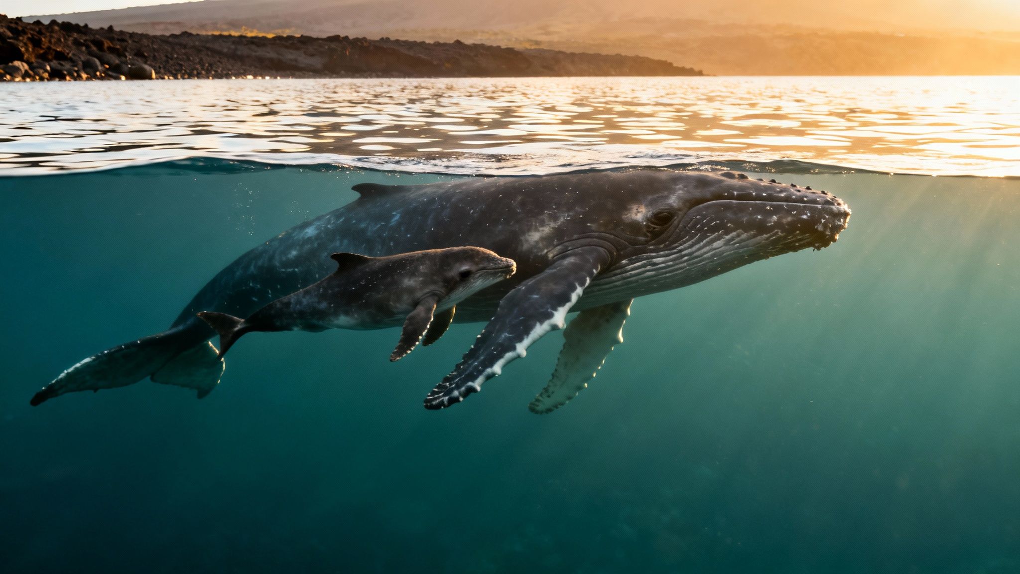 A majestic humpback whale and its calf swim gracefully underwater at sunset near a rocky coast.