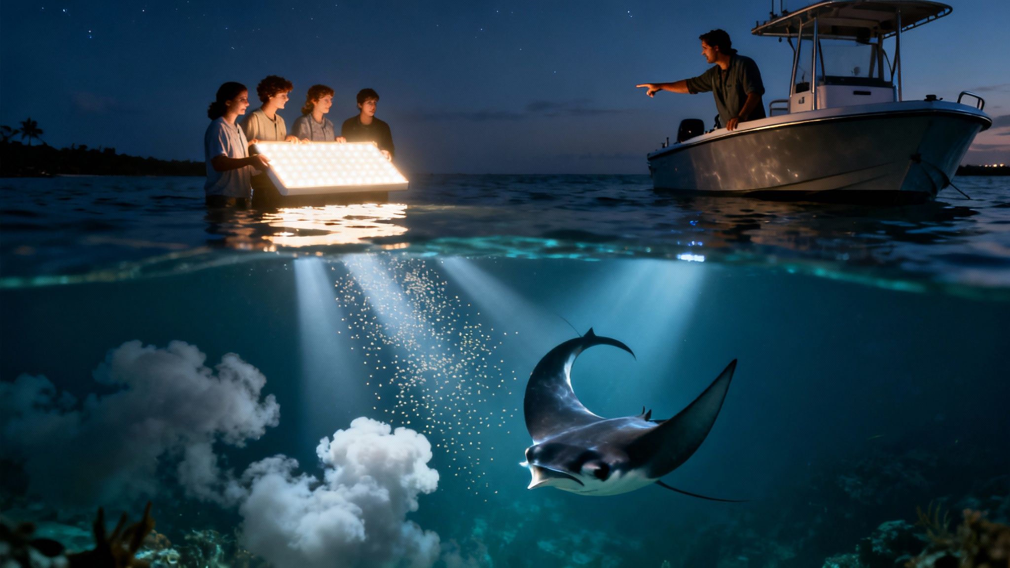 People in water illuminating a manta ray with an LED panel under a starry night sky.
