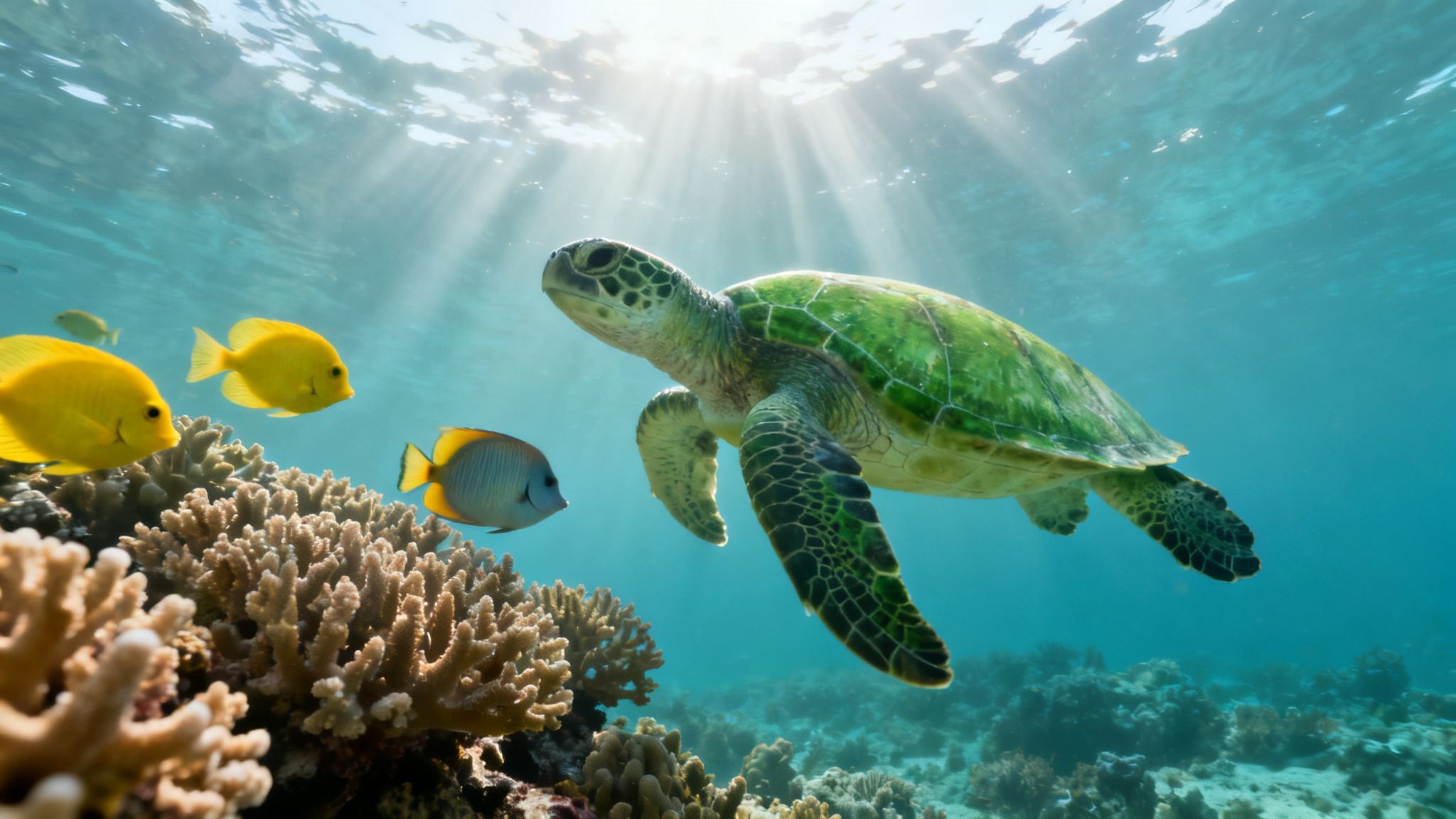 Underwater scene with a green sea turtle, yellow fish, and sun rays over coral reef.