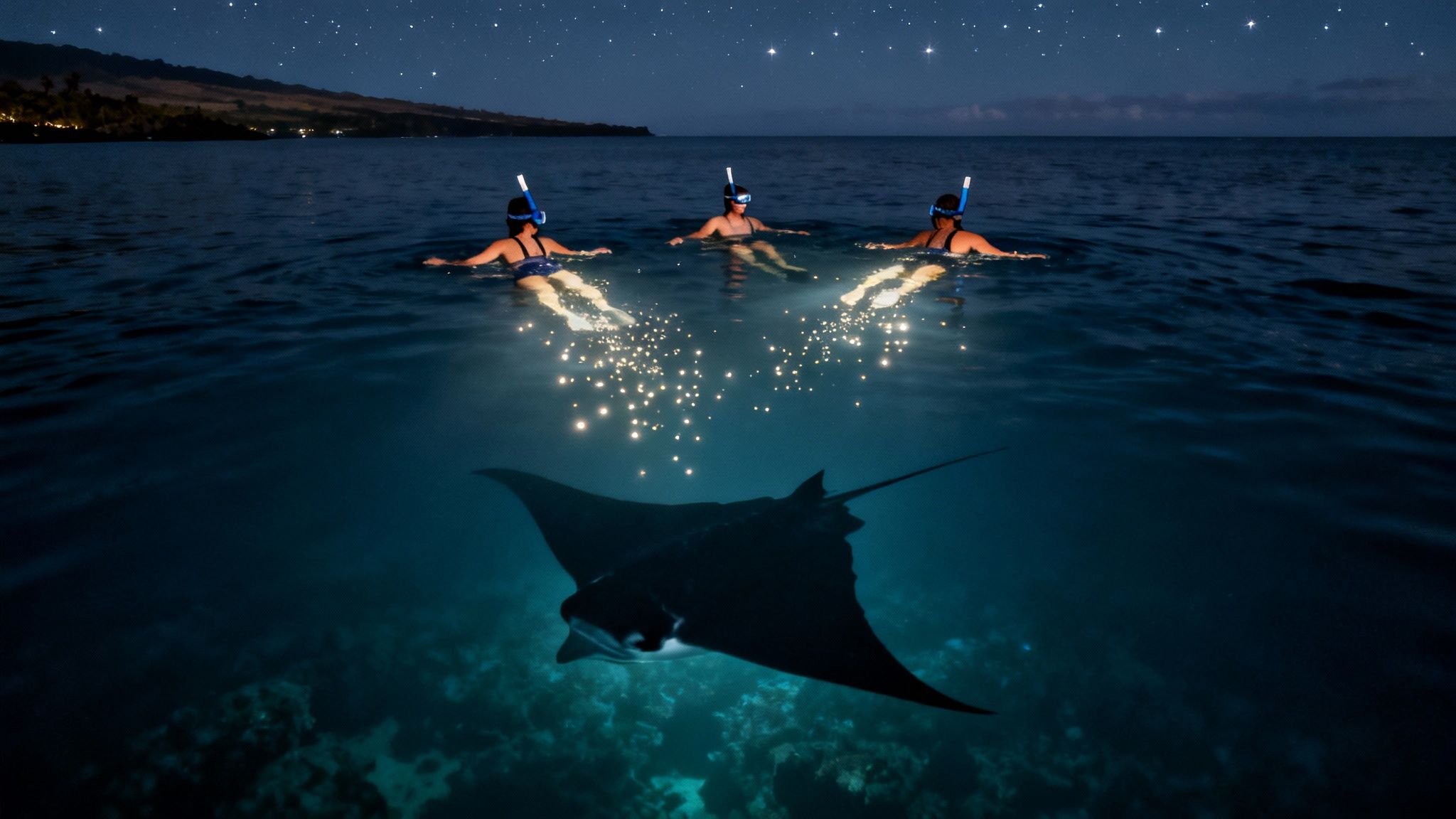 Three snorkelers illuminate a majestic manta ray swimming at night under a starry sky.