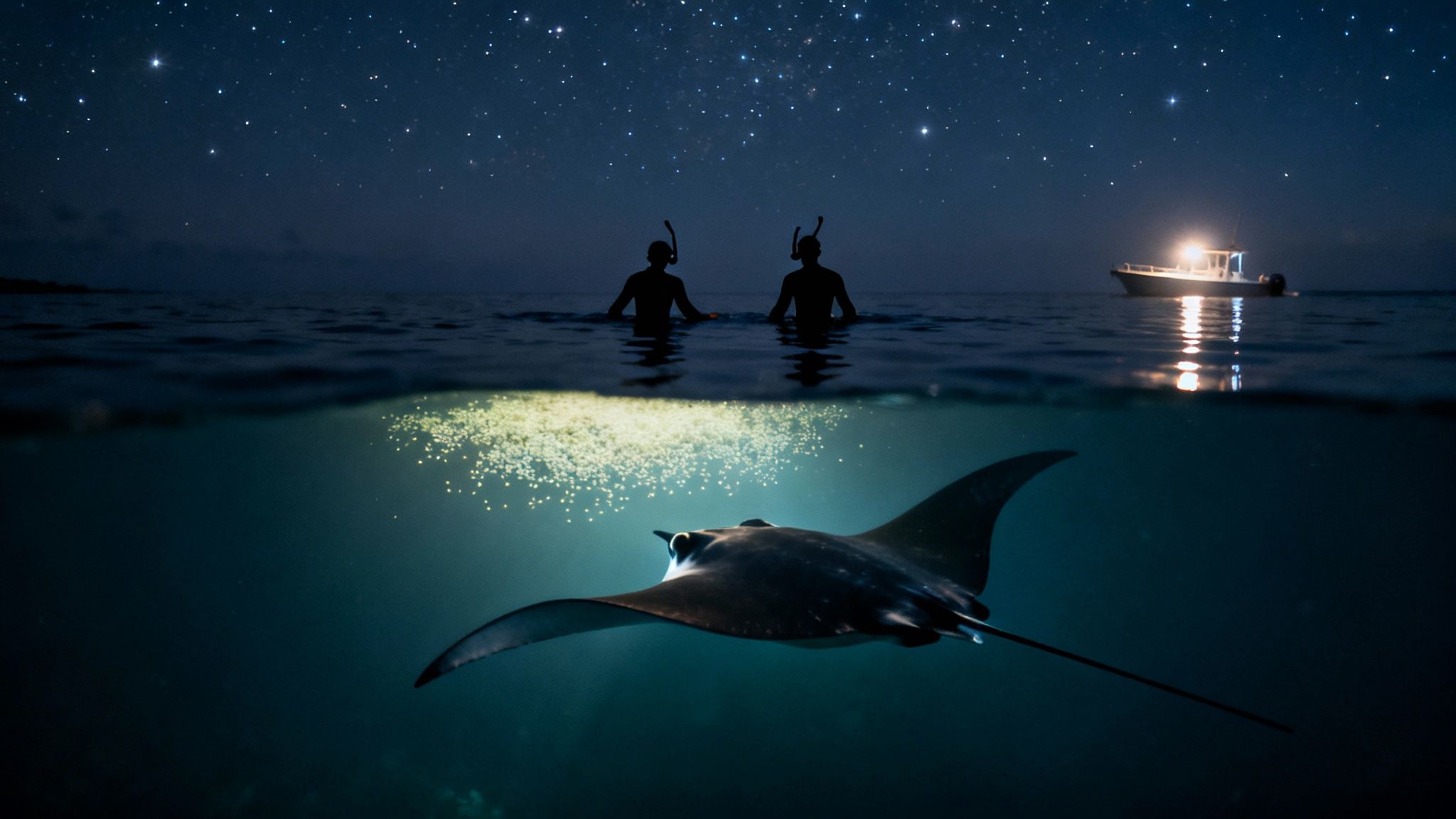 Night split shot with snorkelers, a boat, and a manta ray swimming in glowing plankton.