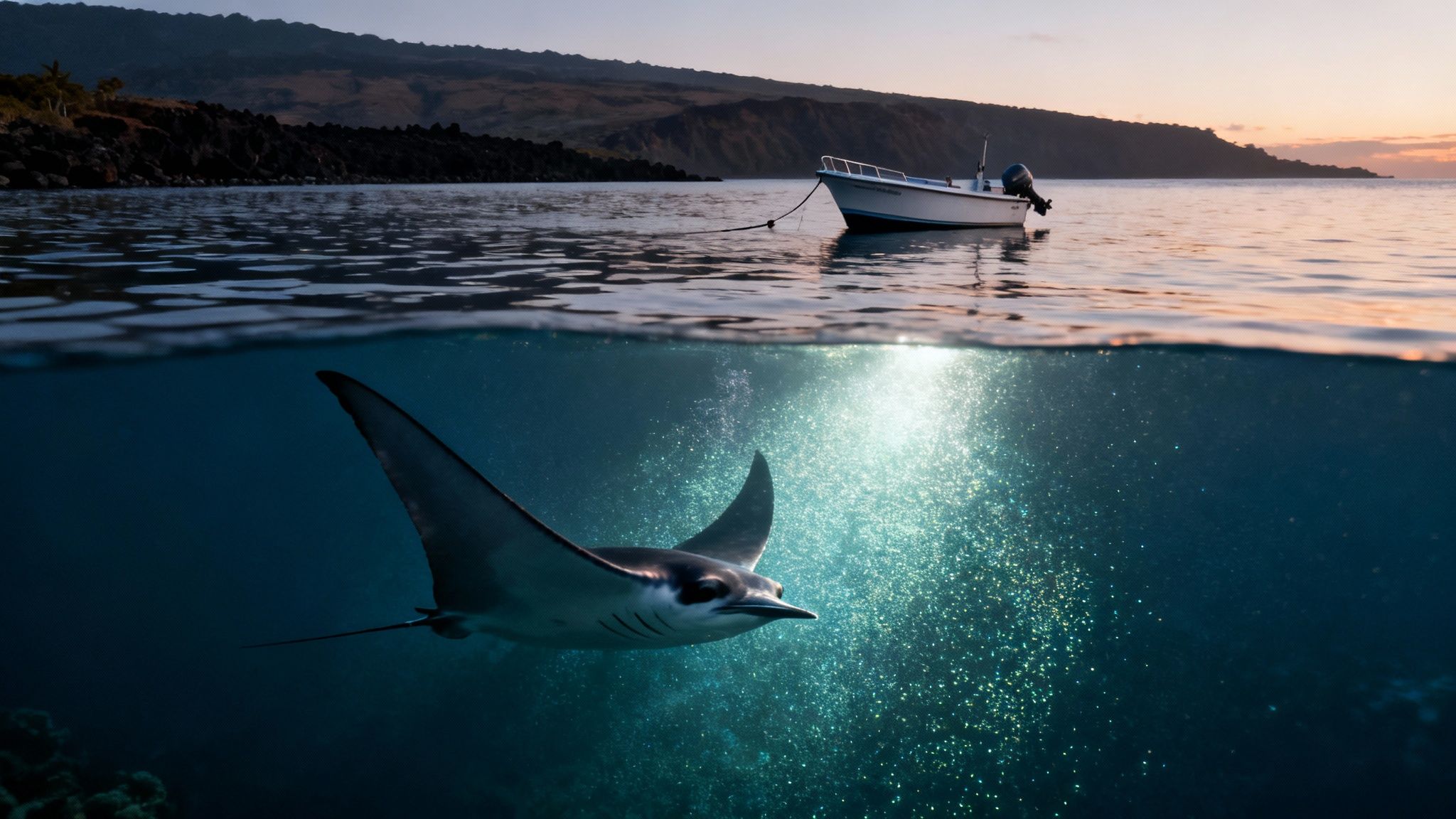 A majestic manta ray swims below the surface, with a boat and coastline above at sunset.