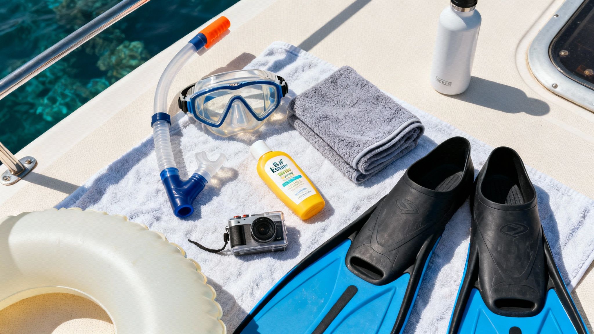 Snorkeling gear, sunscreen, camera, and towels laid out on a boat deck for a water adventure.
