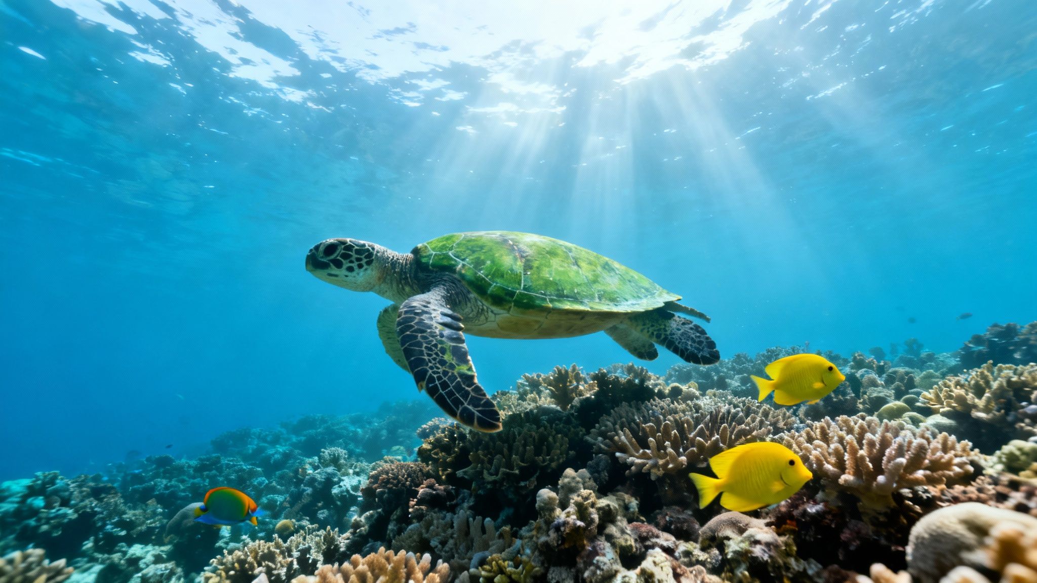 Green sea turtle swims gracefully above a vibrant coral reef with tropical fish and sun rays.