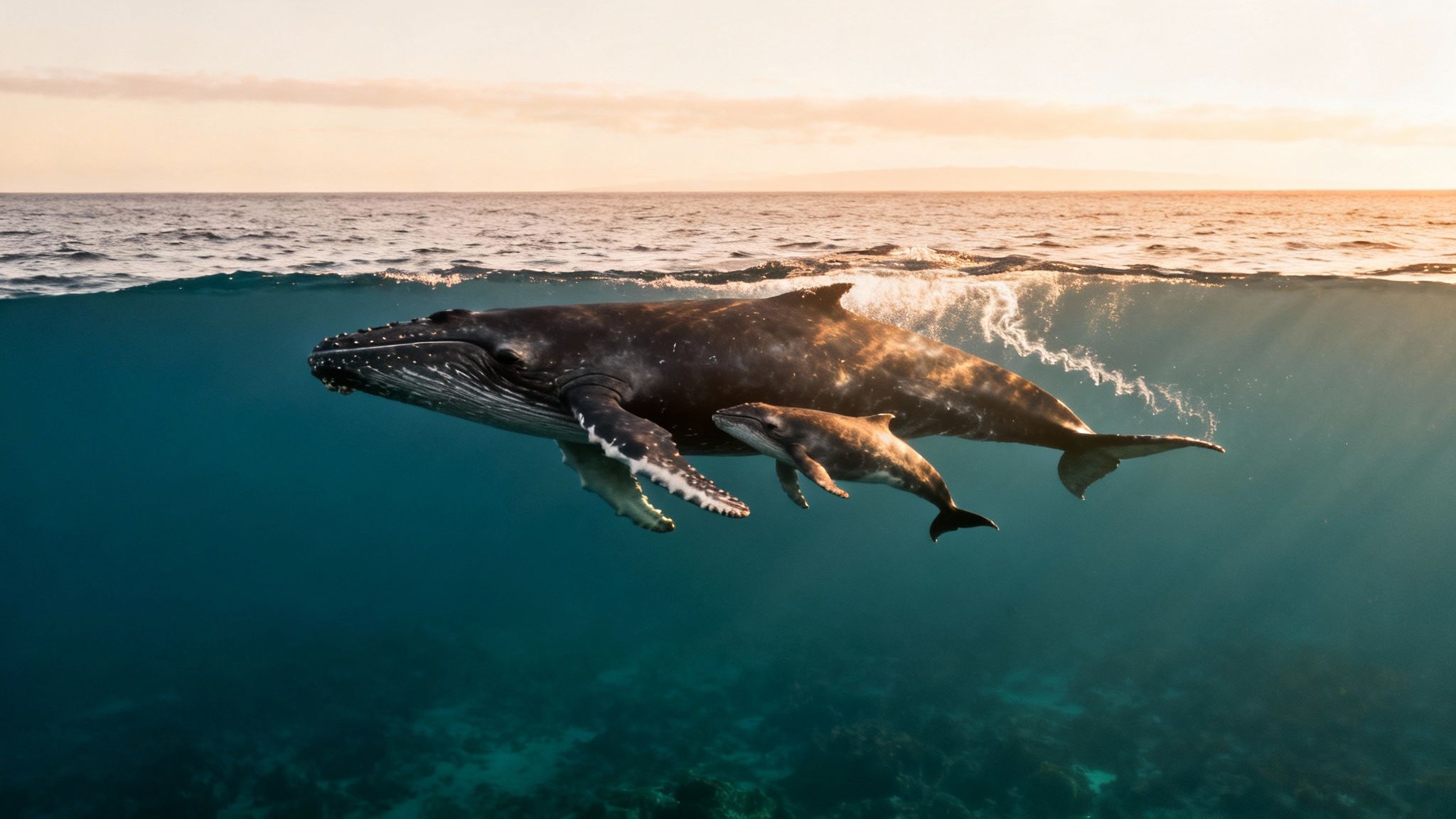 A majestic mother humpback whale and her calf swim underwater in the ocean at sunset.