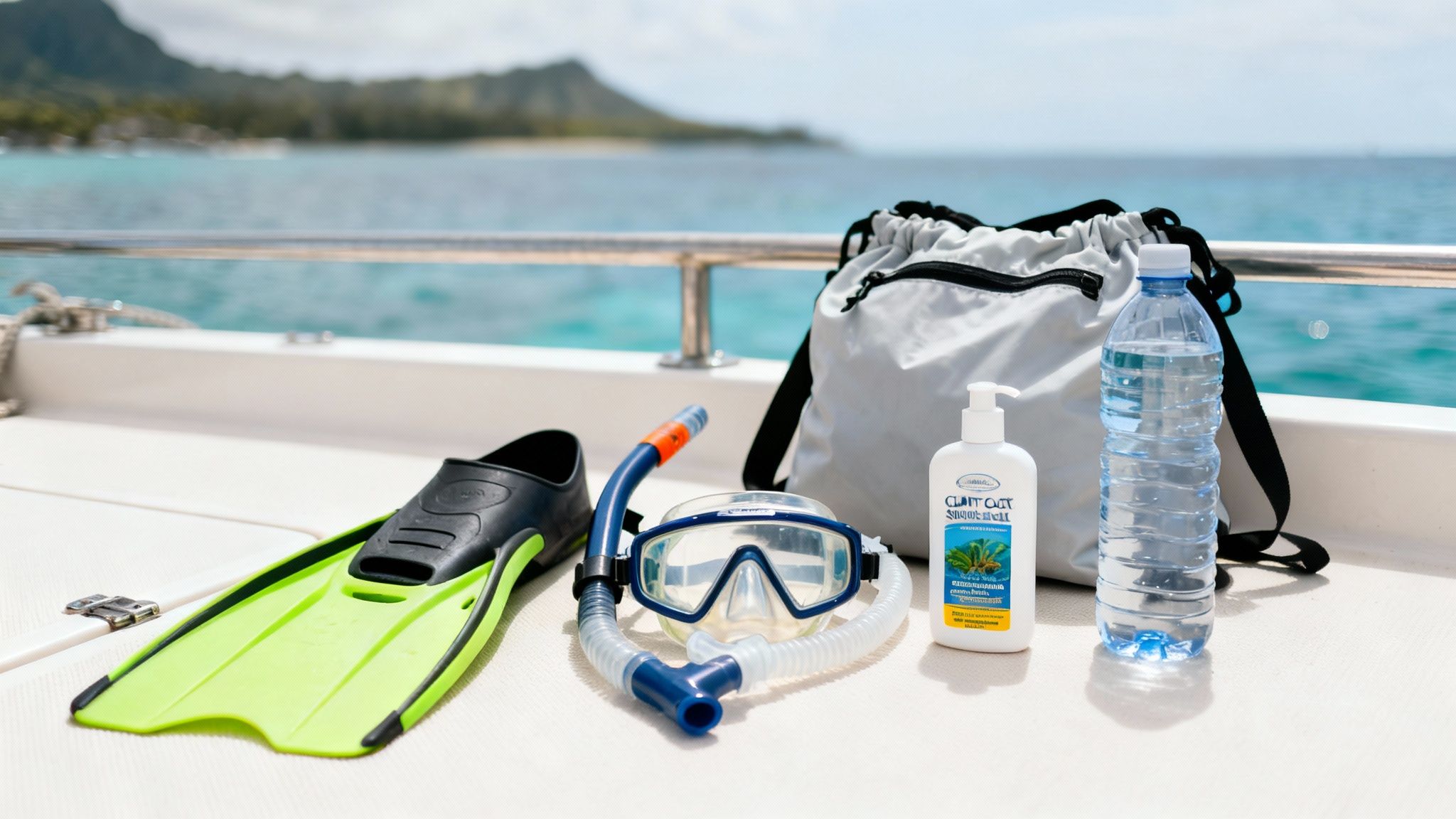 Snorkeling gear, water bottle, and sunscreen lotion laid out on a boat deck for a sea adventure.